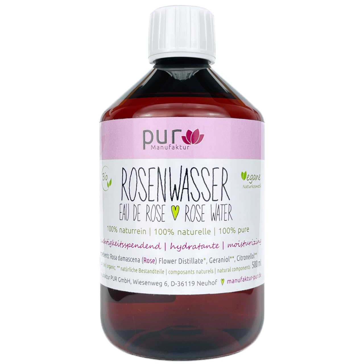 Bioloģisks rožūdens pur Manufaktur, 100% dabīgs rožu hidrolāts, dažādi izmēri, 500ml