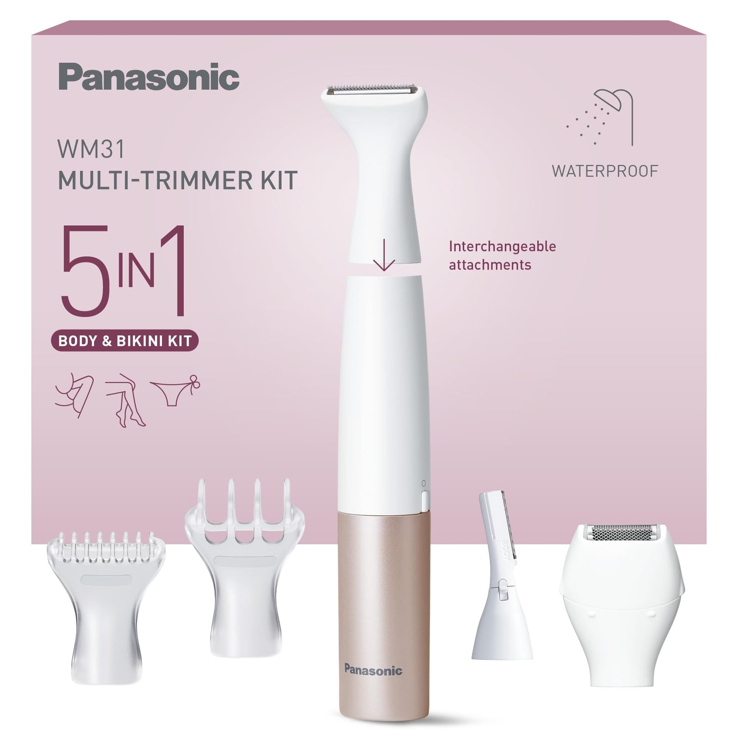 Sieviešu sejas matiņu noņemšanas ierīce Panasonic ES-WM31, 5 in 1 ķermeņa un bikini zonas trimmeris, 5 uzgaļi, IPX7 ūdensizturība, sausai un mitrai skūšanai, 1 x AA baterija, balts ar zelta krāsu