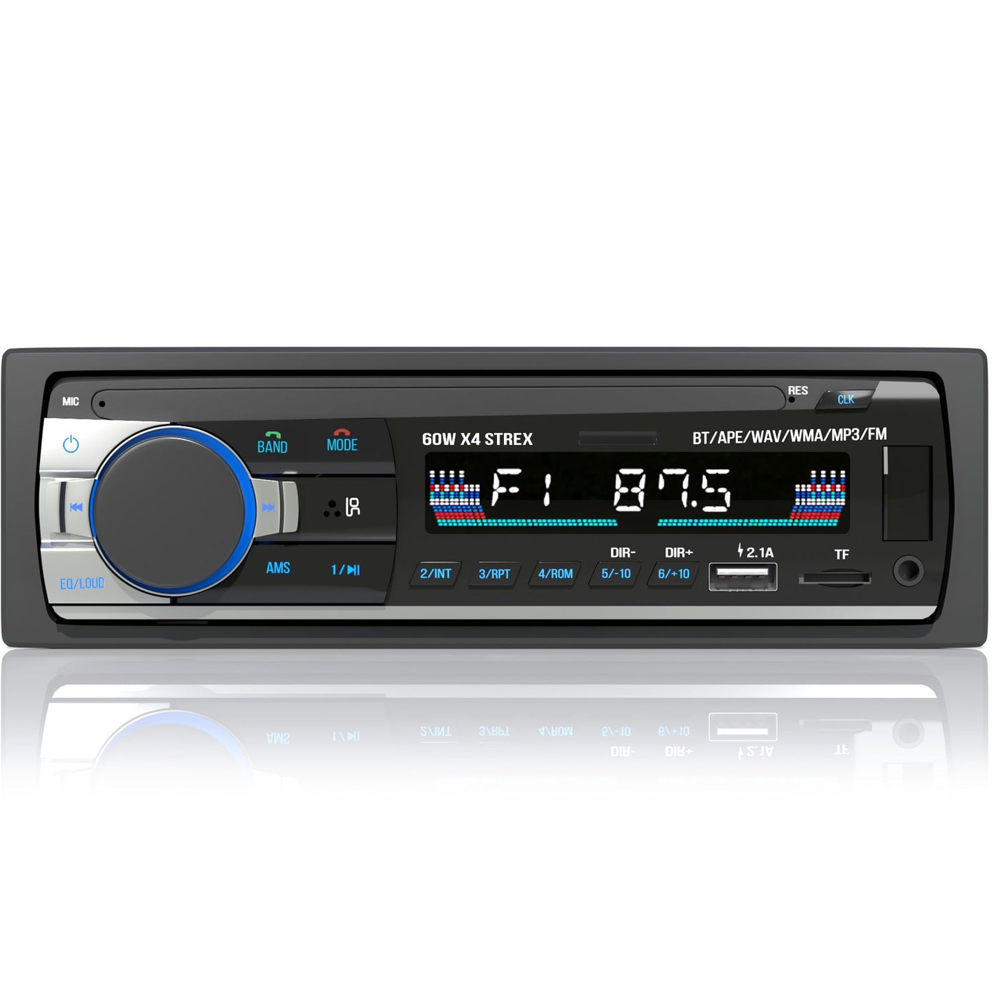 Auto radio Strex ar Bluetooth visiem transportlīdzekļiem, USB, AUX un brīvroku sistēma, tālvadības pults, 1-DIN auto radio ar iebūvētu mikrofonu