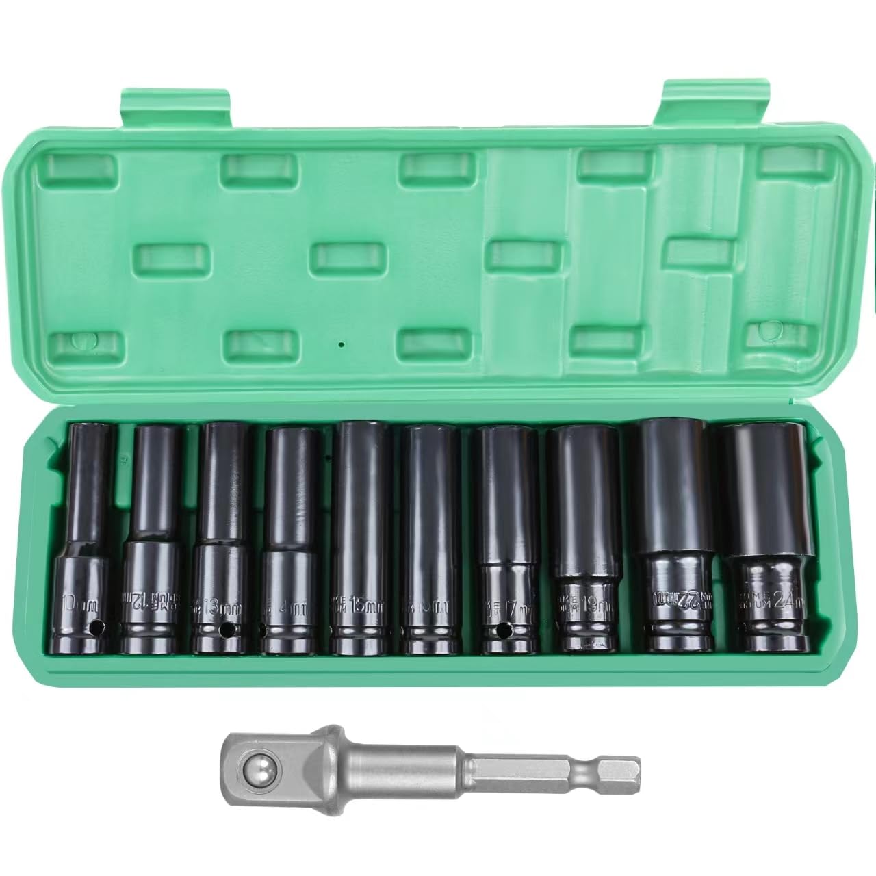 FIFIBANG 11 daļu garo uzgaļu komplekts 1/2'', trieciena galvu komplekts ar plastmasas koferi, garo uzgaļu komplekts 10,12,13,14,15,16,17,19,22,24mm, 1/2 Zoll uzgaļu komplekts, garo uzgaļu komplekts 1/2''