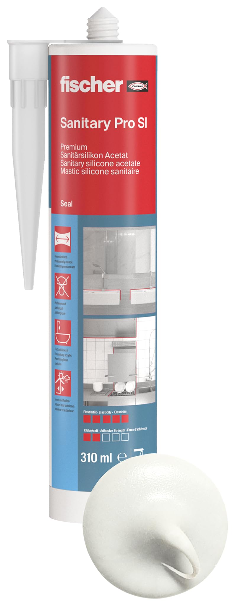 fischer Premium sanitārais silikons, hermētiķis un šuvotājs sanitārajai un virtuves zonai, 310 ml, balts