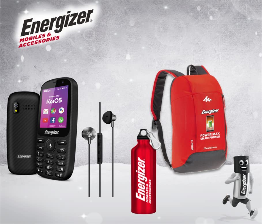 Energizer E241S - 4G mobile with Arabic keyboard, Bluetooth headphones, water bottle, and 10L backpack included.