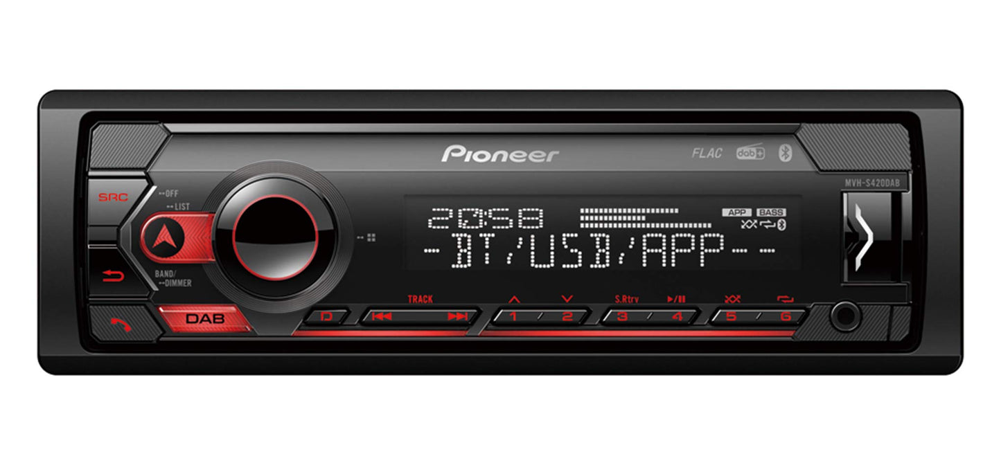 Pioneer MVH-S420DAB 1-DIN auto magnetola ar DAB+, sarkana, vācu izvēlne, Bluetooth, USB, AUX ieeja, iPod/iPhone tiešā vadība, brīvroku sistēma, Smart Sync