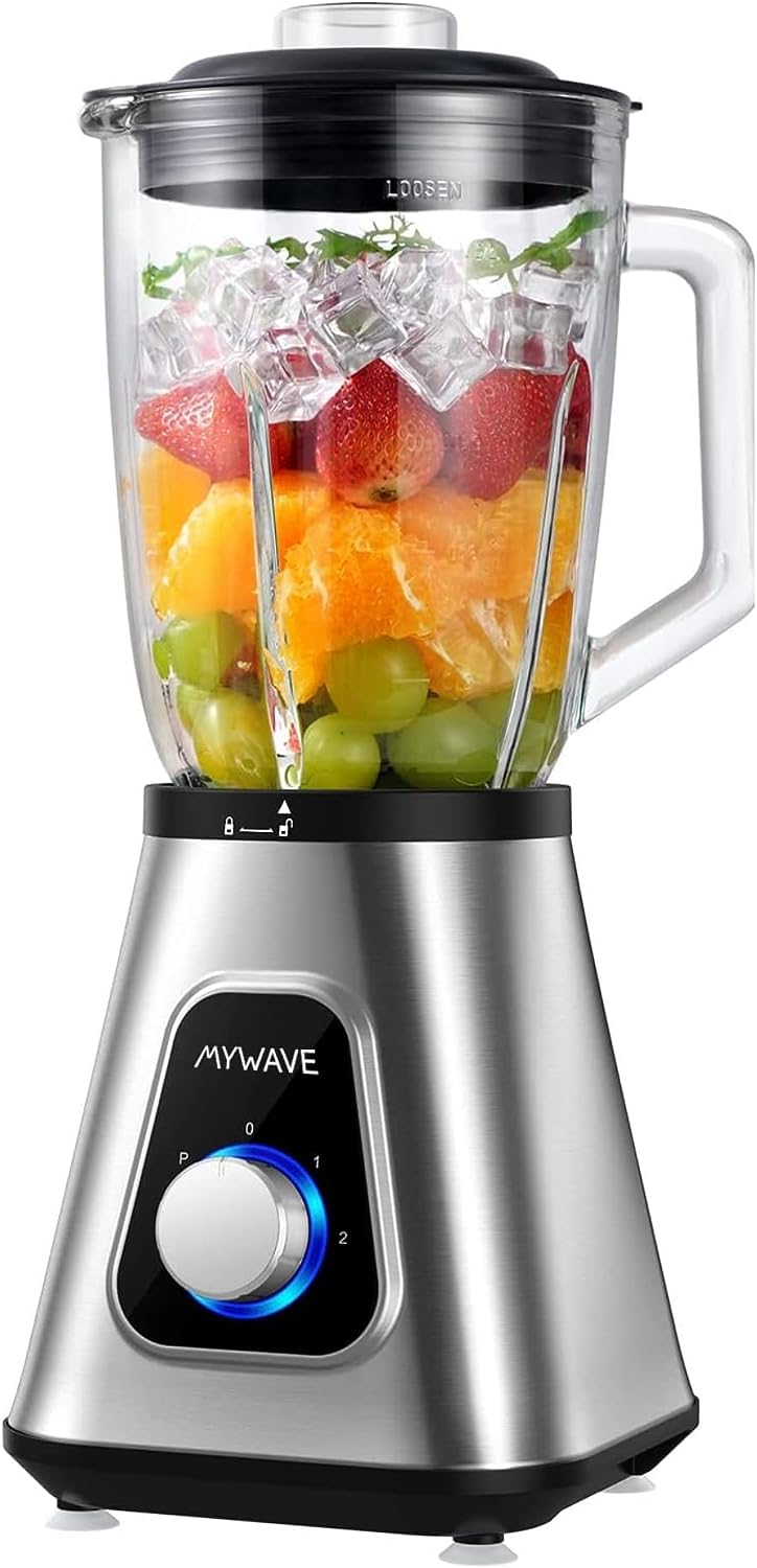 Mans Wave stacionārais mikseris - 1,300 W, 1.5 L, 2 ātrumi, nerūsējošā tērauda asmeņi, noņemams stikla krūze.