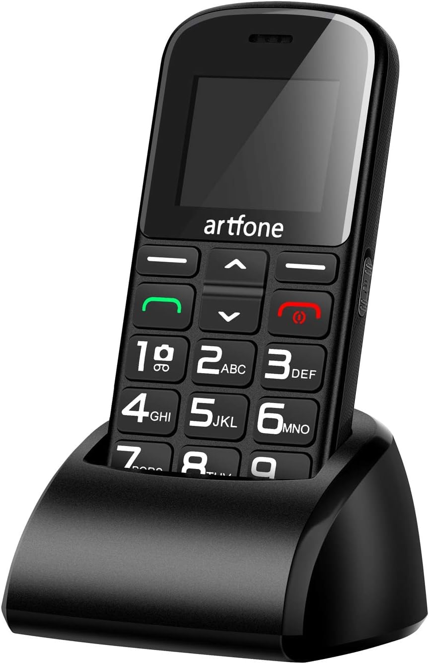 Senioru telefons artfone CS182 bez līguma — mobilais tālrunis ar lielām pogām, GSM Dual SIM, uzlādes dokstacija, SOS poga, 1,8 collu krāsu displejs, FM radio, ilgs gaidīšanas laiks, melns
