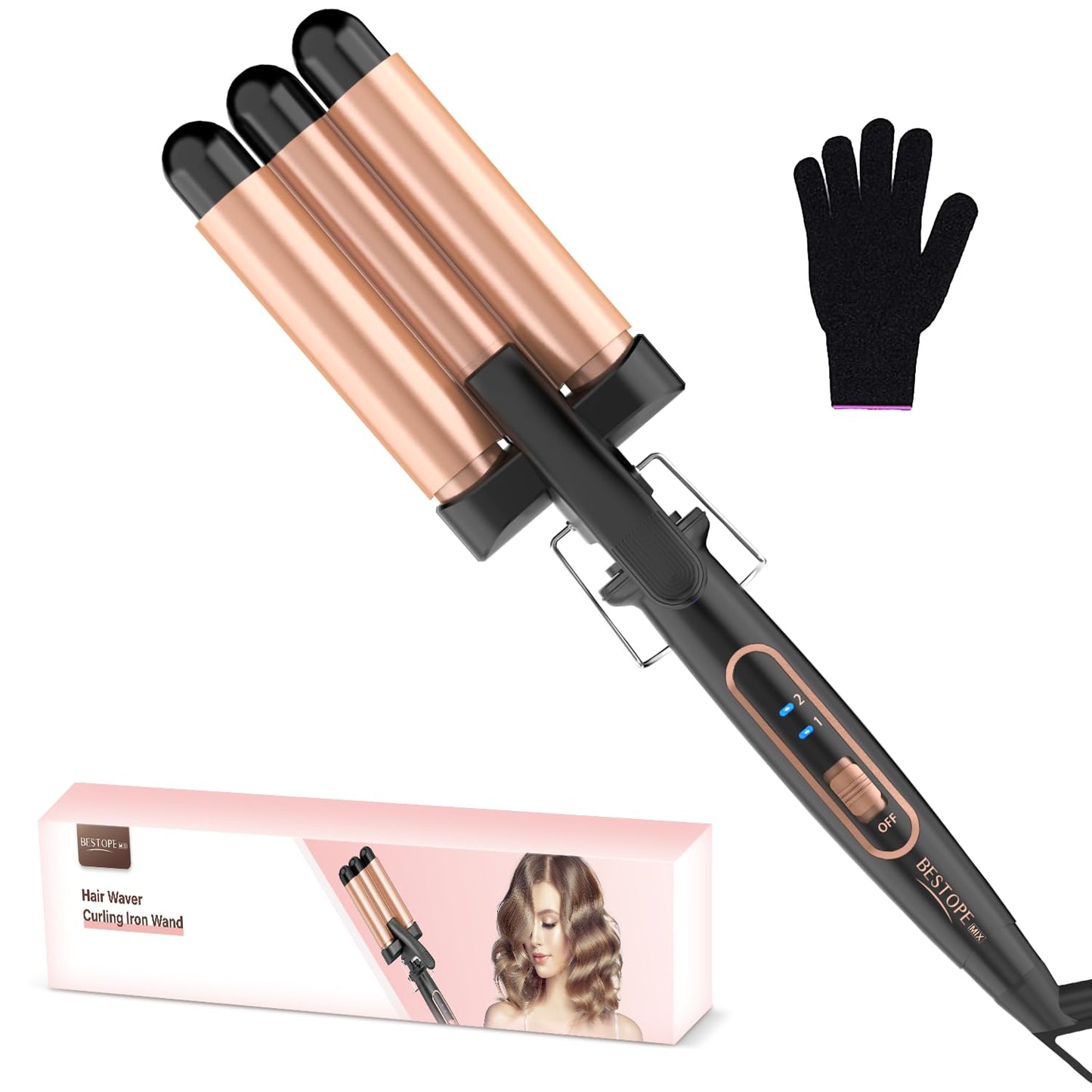 BESTOPE MIX Viļņu dzelzs, lokšķēres 3 cilindri viļņu dzelzs matiem 22mm keramikas mermaid matu viļņotājs PTC ātrā sildīšana 150°C/210°C viļņu dzelzs pludmales viļņi lokšķēres īsiem un gariem matiem