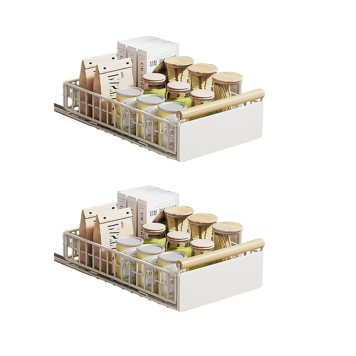 Izvelkams skapīša organizators 2PCS, salokāma teleskopiska atvilktne 23.5*11*39.5~56.5cm, metāla virtuves skapīša atvilktne bez urbšanas, balta