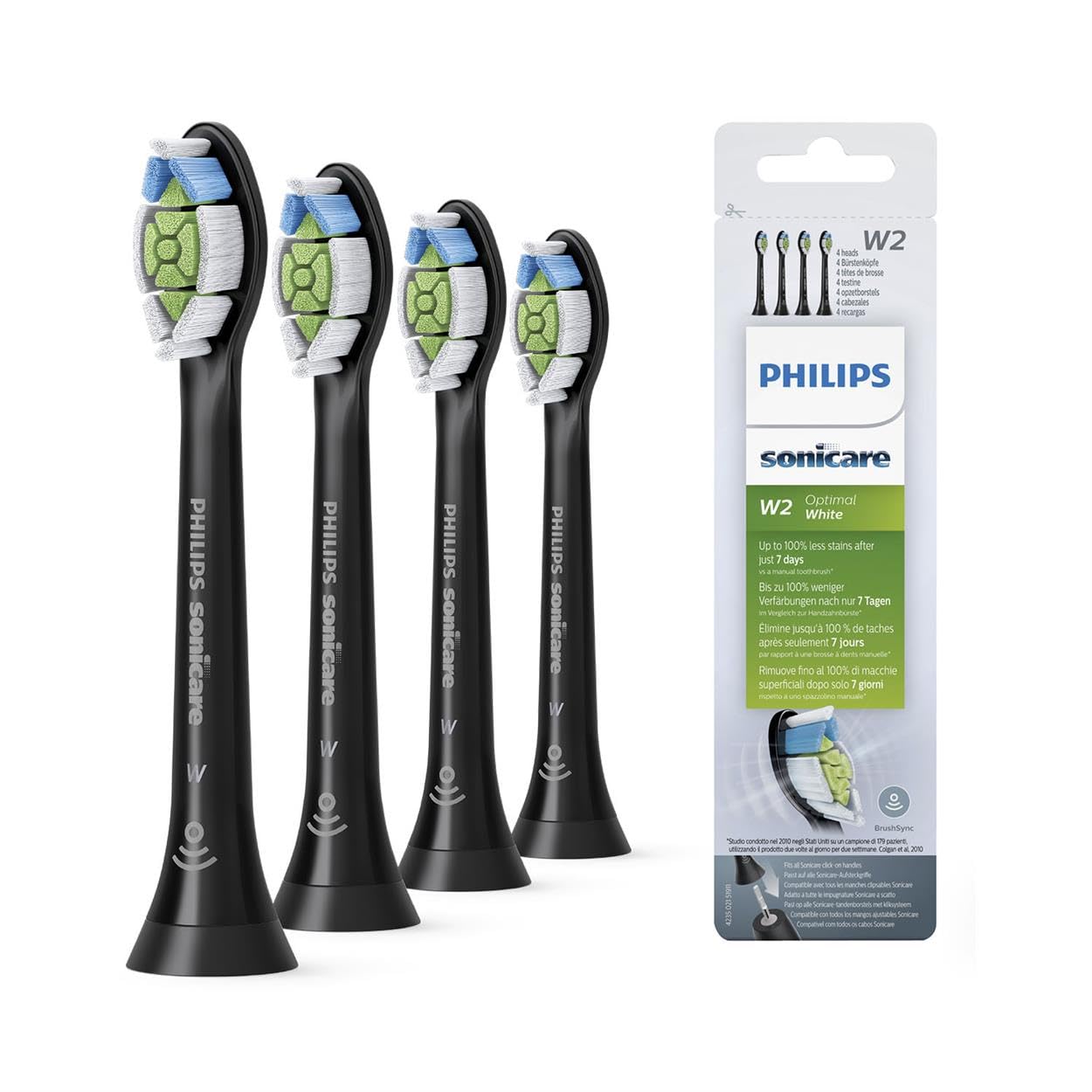 Philips Sonicare Original W2 Optimal White Standarta zobu birstes galviņas elektriskajām zobu birstēm – 4 gab., melnā krāsā (modelis HX6064/11)