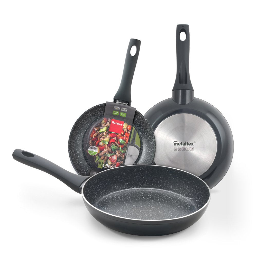 Metaltex NATIVA-3 pans - Cold aluminum, 18/22/26 cm, non-stick Stone-Tex coating, full induction compatible for all stoves.