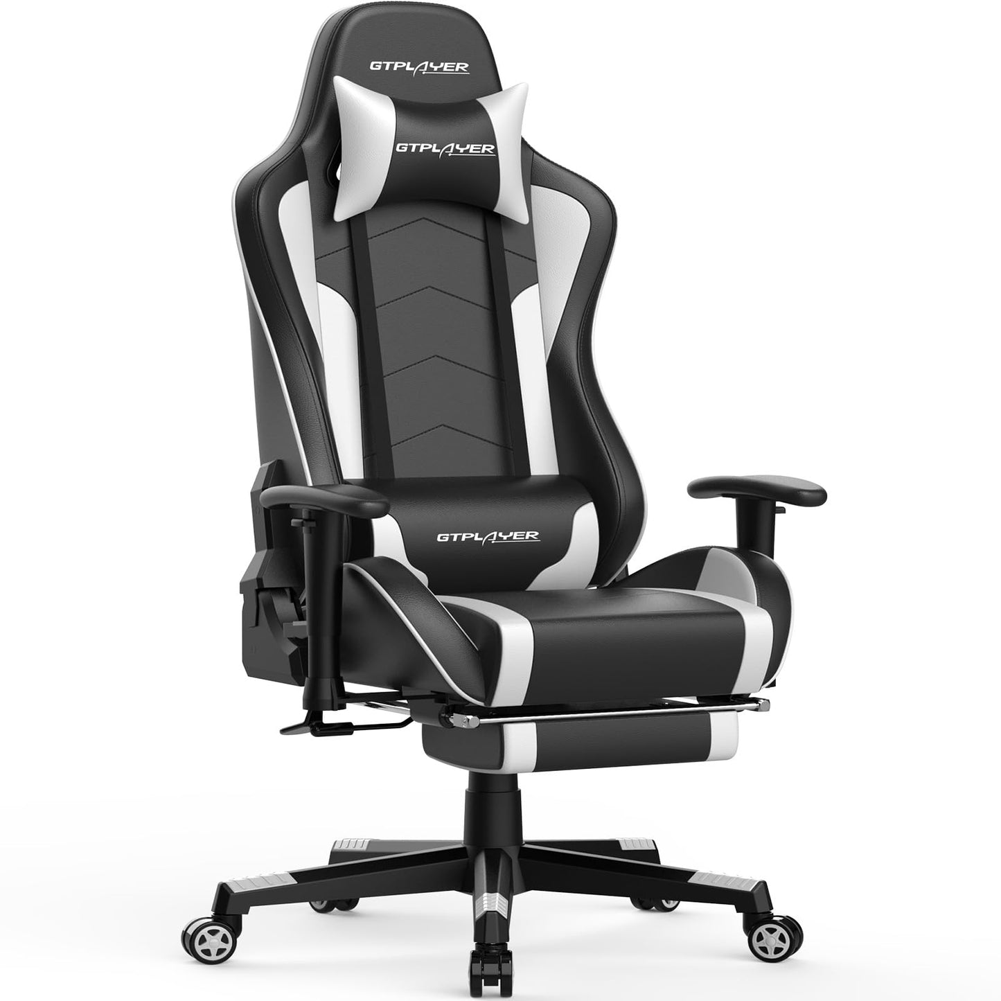 GTPLAYER gaming krēsls ar kāju balstu, Bluetooth skaļruņiem, ergonomisks biroja krēsls, datora krēsls, darba krēsls ar regulējamu atzveltni, 150 kg, balts