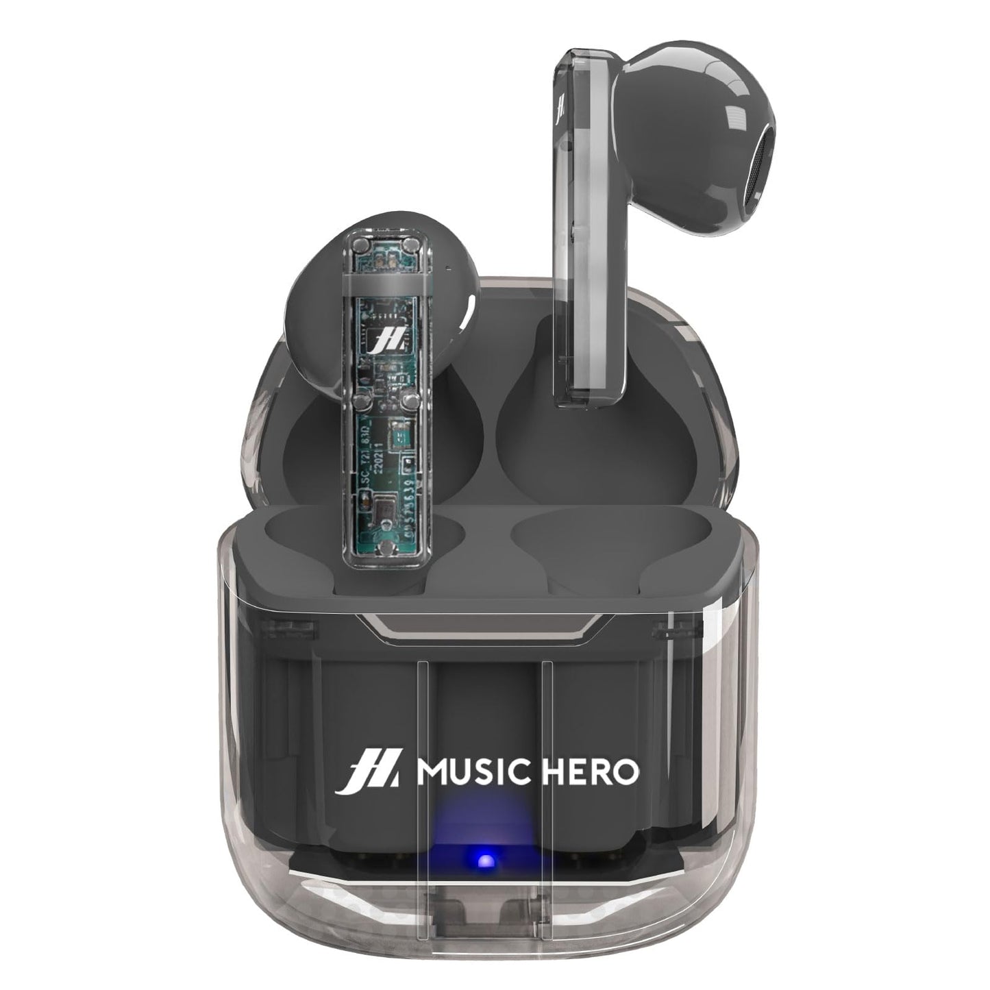 MUSIC HERO SBS TWS ICY - caurspīdīgas bezvadu austiņas ar 3 stundu mūzikas laiku, uzlādes futrāli un USB-C kabeli