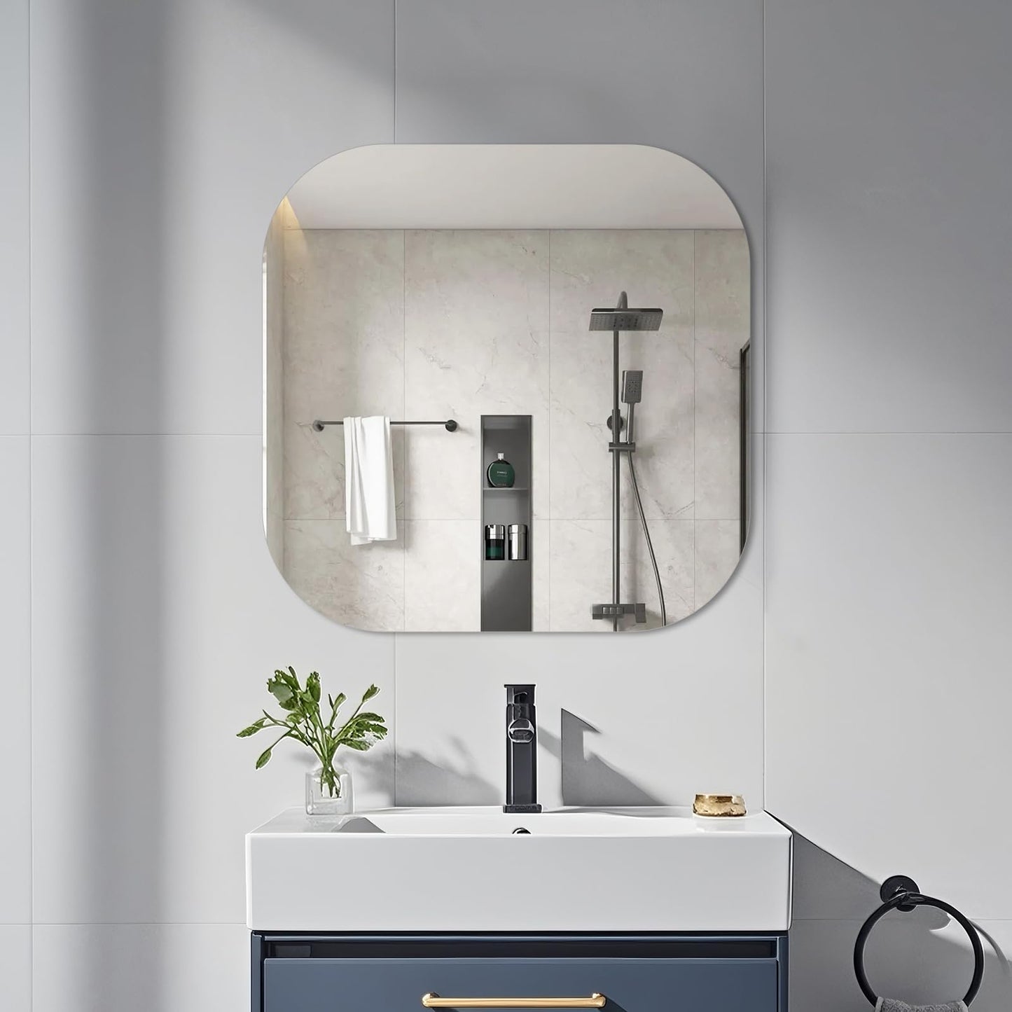 yuzeyurun bezrāmja sienas spogulis 40x40 cm, HD vannasistabas spogulis, kvadrātveida, 5mm biezs drošības stikls ar pulētām malām, spoguļflīze vannai, garderobei un mājas sportam