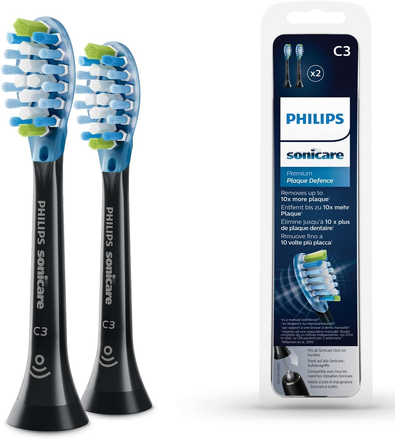 Philips Sonicare Original C3 Premium Plaque Defence Standarta Elektriskās Zobu Birstes Galviņas - 2 gab. melnā krāsā (modelis HX9042/33)