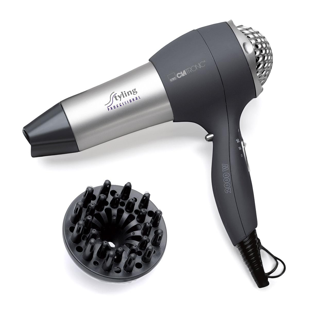Clatronic® matu žāvētājs ar difuzoru un formas uzgali | Matu žāvētājs ar "Auksto pūšanu" spīdīgiem matiem | Matu fēns ar 3 jaudas līmeņiem un 2 ventilatora ātrumiem | 2000 vati | HTD 3055