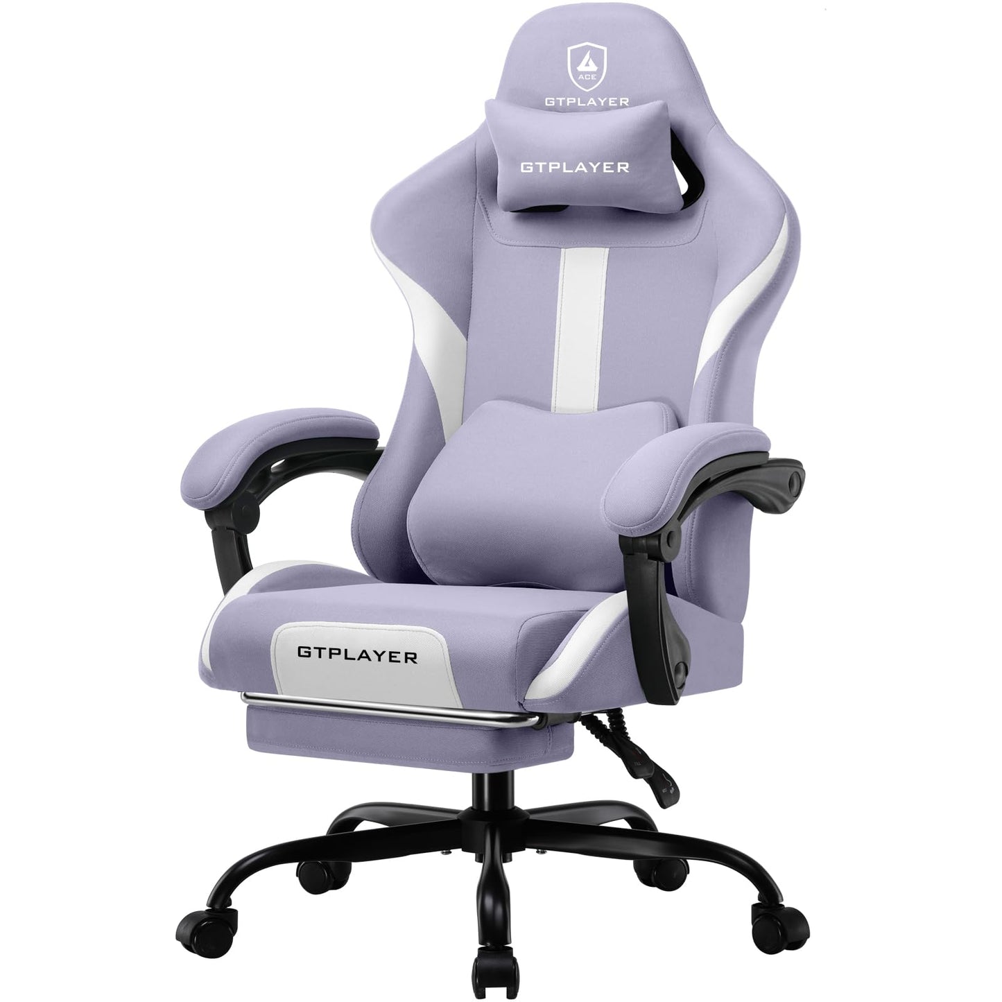 GTPLAYER spēļu krēsls, biroja krēsls, ergonomisks spēļu fotelis ar galvas balstu un Cloud jostas spilvenu, polsterēts spēļu krēsls ar kāju balstu, grozāms krēsls, 150kg kapacitāte, violets