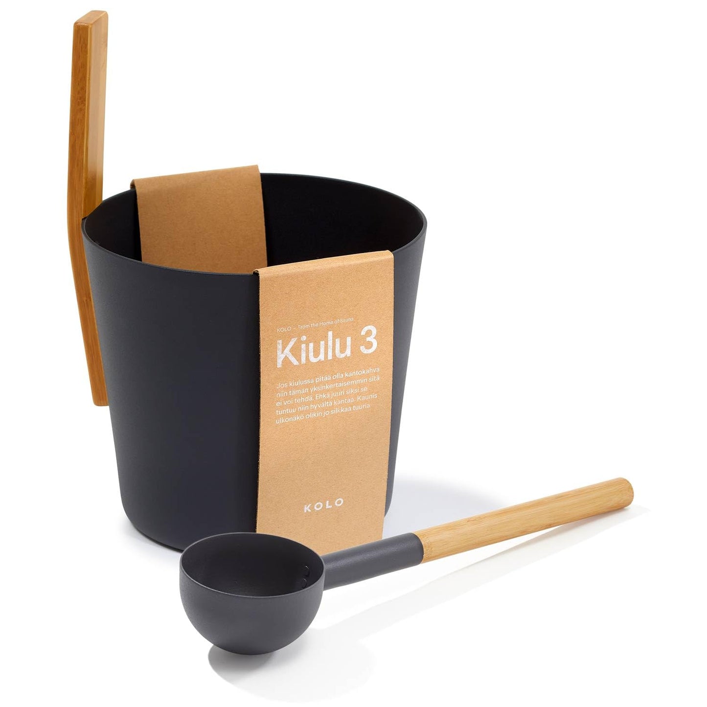 Pirts komplekts KOLO Sauna Set Kiulu 3 – spainis 5 l + uzliešanas kausiņš 300 ml – melns alumīnijs – bambusa rokturis – 2 daļu premium komplekts – Made in Finland