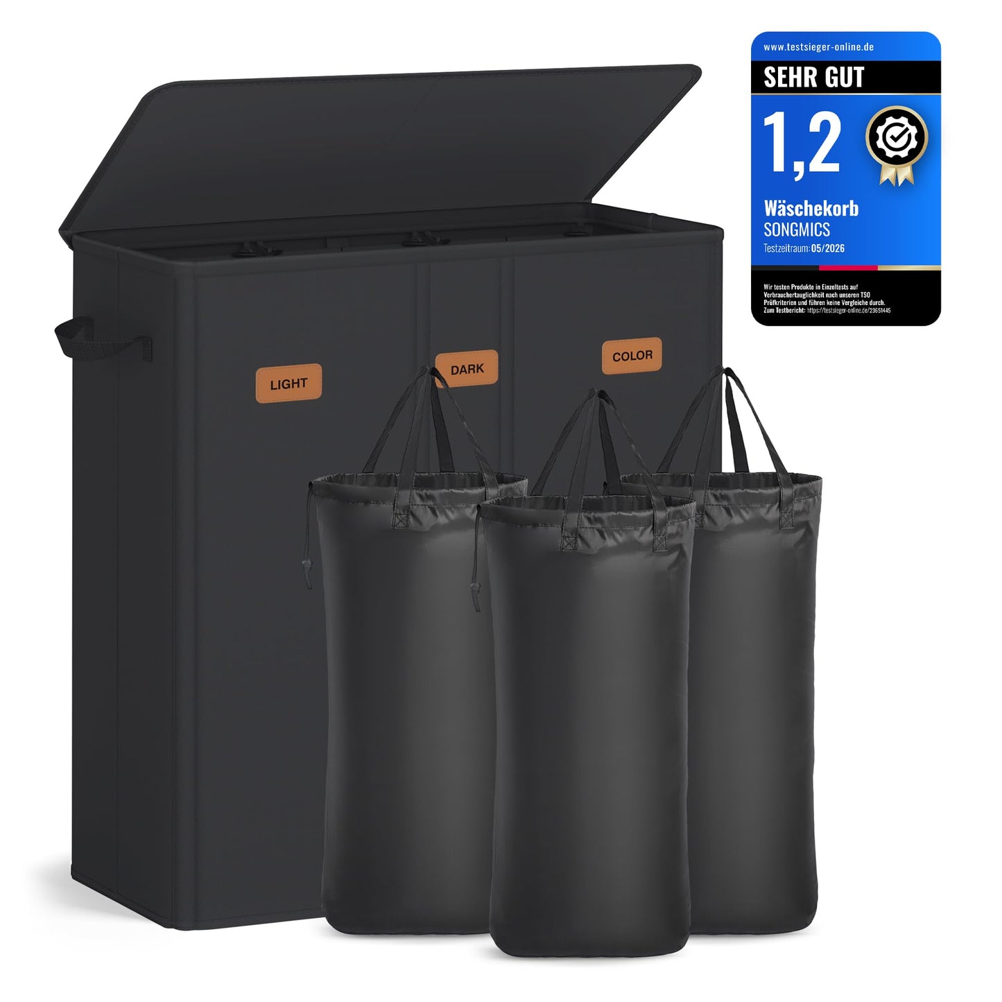 Veļas grozs SONGMICS ar 3 nodalījumiem, 160 L, ar vāku