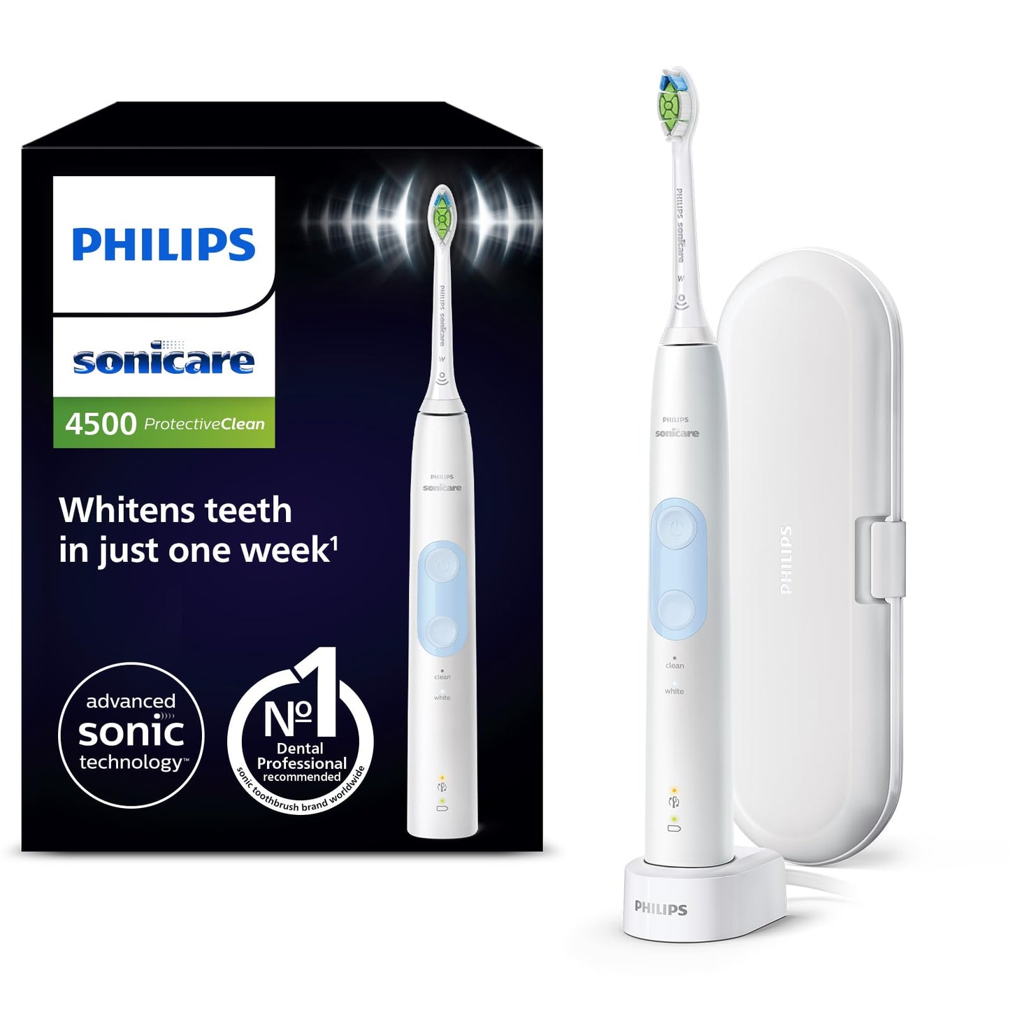 Philips Sonicare ProtectiveClean 4500 elektriskā zobu birste, skaņas zobu birste ar 2 tīrīšanas režīmiem, Clean un White, spiediena sensors, taimeris un ceļojumu futrālis, balta, modelis HX6839/28