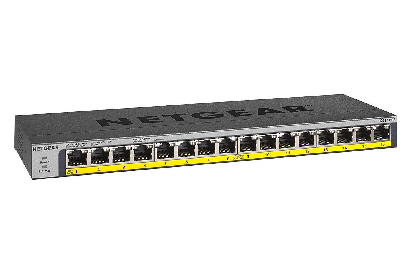 Gigabit Ethernet PoE slēdzis NETGEAR GS116PP, 16 porti, 16x PoE+ 183 W, Plug-and-Play, bez ventilatora, 19 collu montāža statīvā