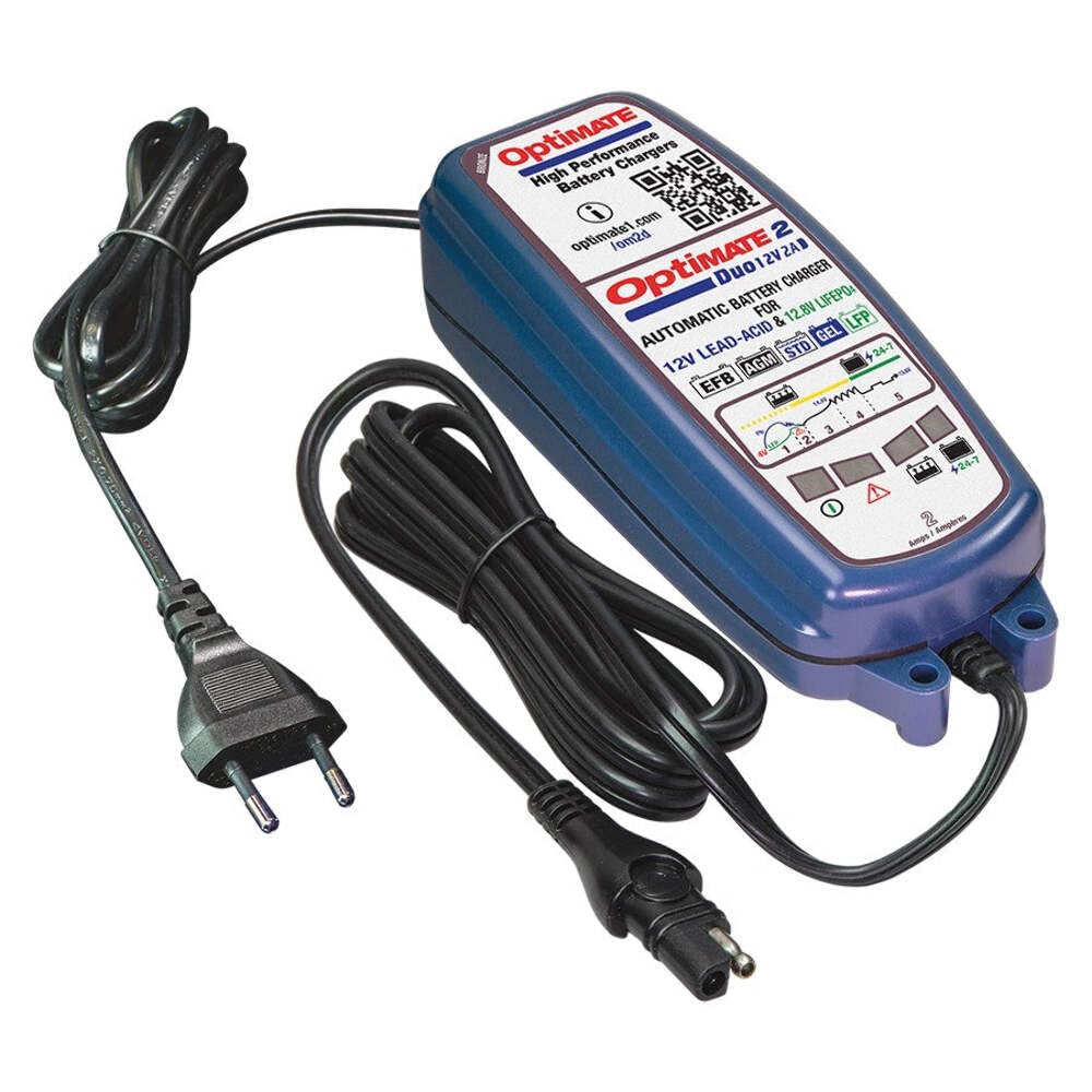 Akumulatora lādētājs OptiMate 2 DUO 12V / 12,8V un uzturēšanas ierīce – automātisks 5 pakāpju viedais lādētājs (2A) – svina-skābes un Lithium-LiFePO4 akumulatoriem – droša 24/7 uzturēšana, laikapstākļiem izturīgs