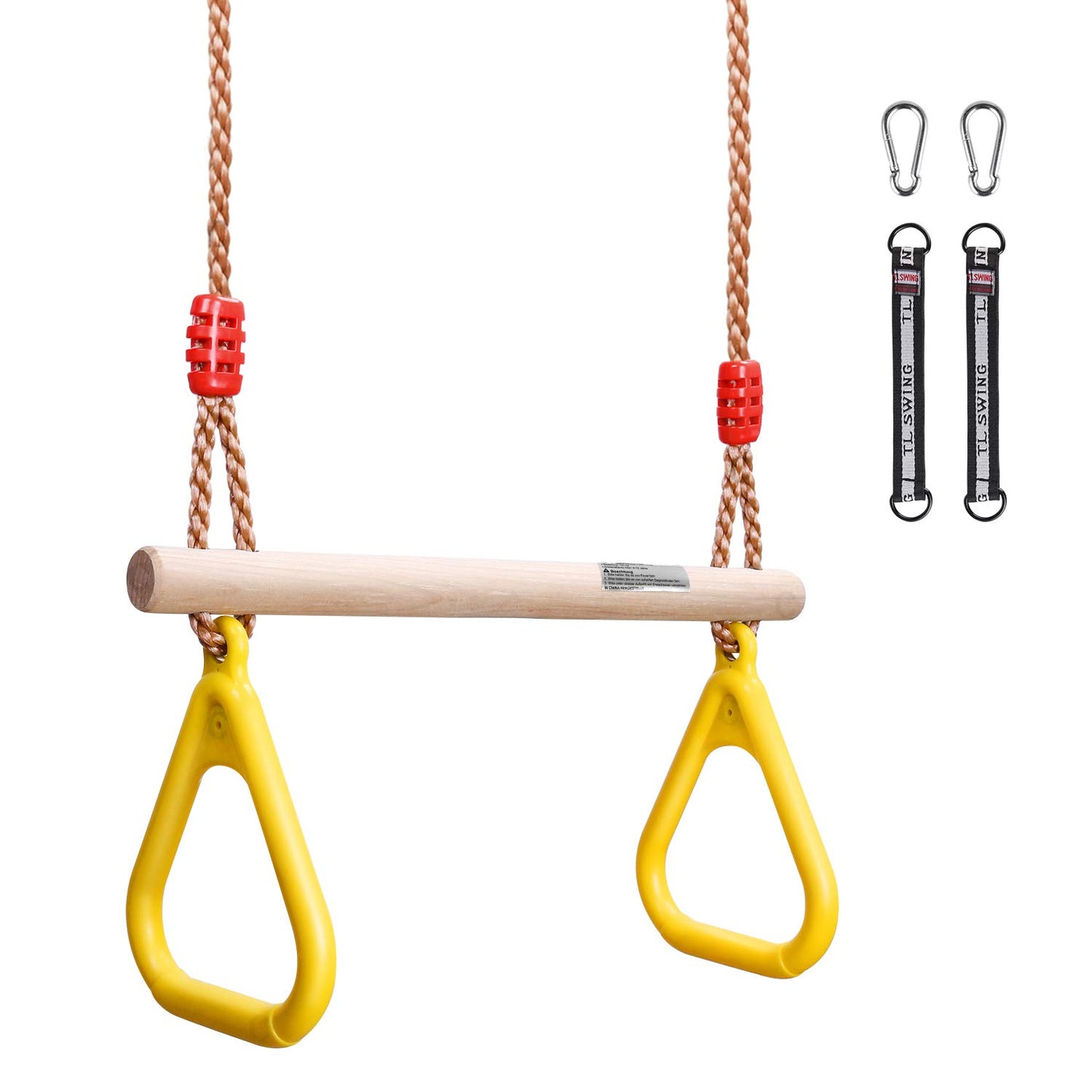 GHB bērnu trapeces šūpoles ar plastmasas vingrošanas riņķiem, āra piekarināmās šūpoles, dzeltenas, līdz 120 kg