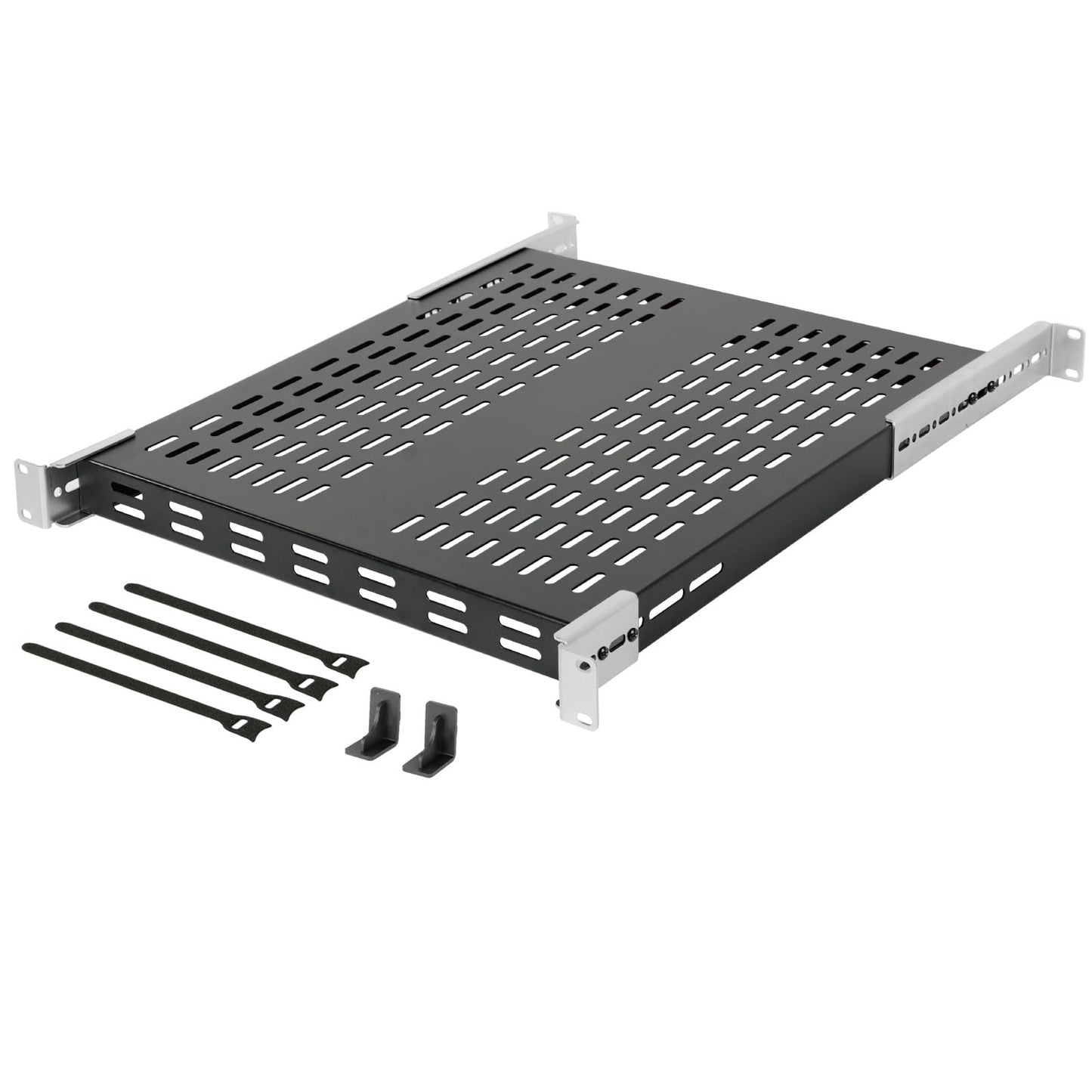 19 collu servera plaukts Tecmojo 1HE, 550 mm dziļš, regulējams 343 mm līdz 800 mm, iekštelpai paredzēts, ventilējams, 110 kg, melns