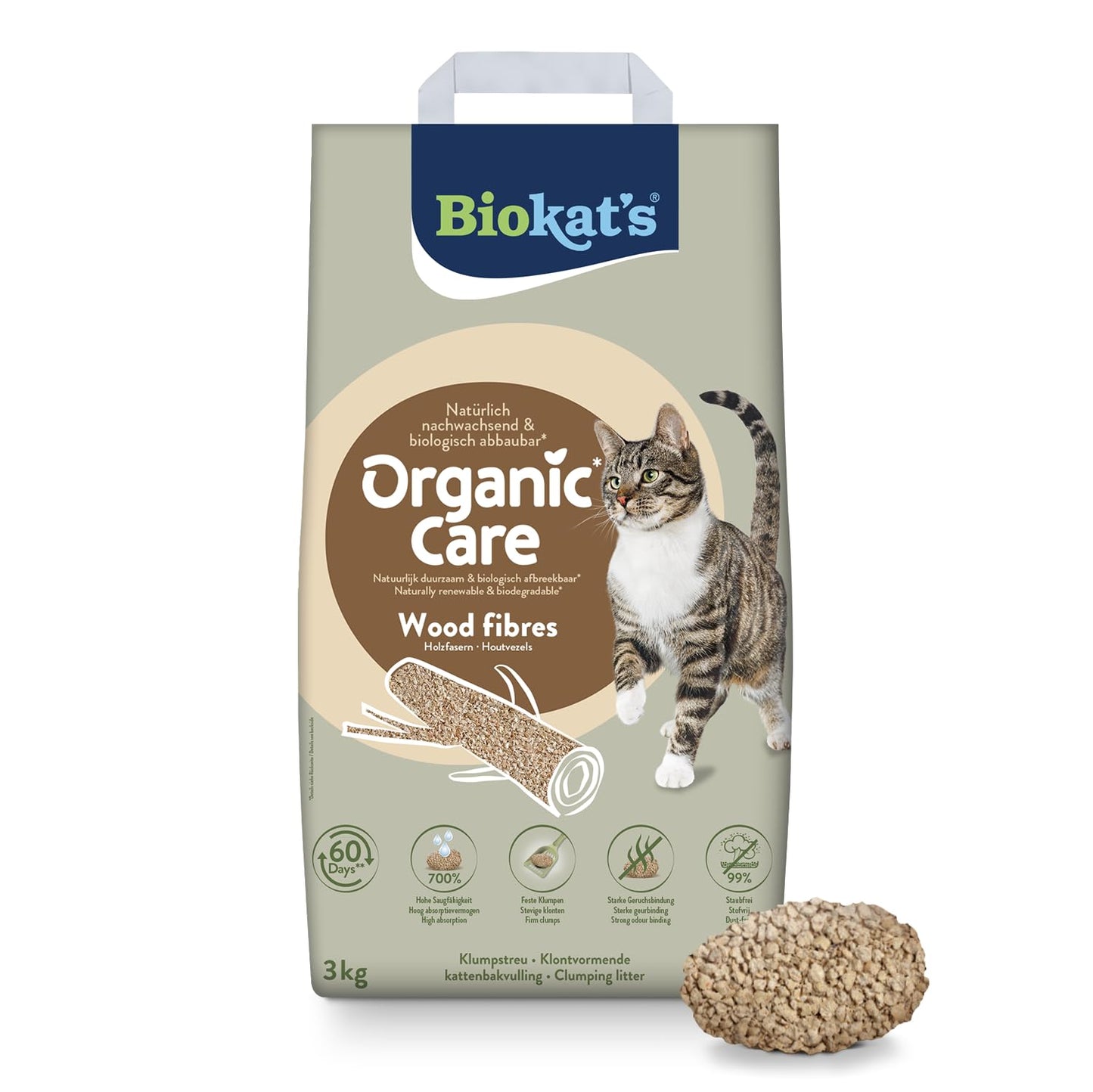 Kaķu pakaiši Biokat's Organic Care Wood Fibres 3 kg, smalki, aglomerējoši, no atjaunojamām un bioloģiski noārdāmām augu šķiedrām, 1 maiss