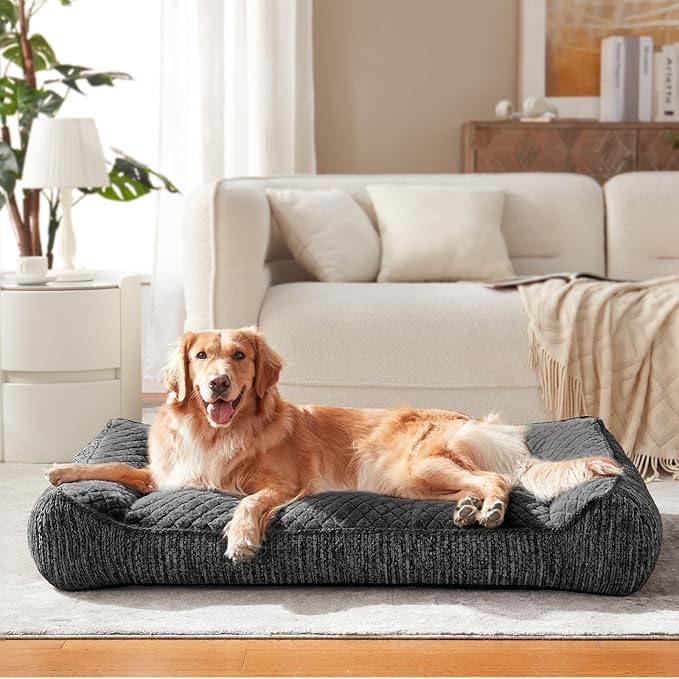 Ortopēdiska suņu gulta lieliem suņiem JOEJOY, ergonomiska, mazgājama, ar noņemamu pārvalku, neslīdoša suņu sofa ar paaugstinātu malu, mīksts sniegpārslu flīss, 107x76x24cm