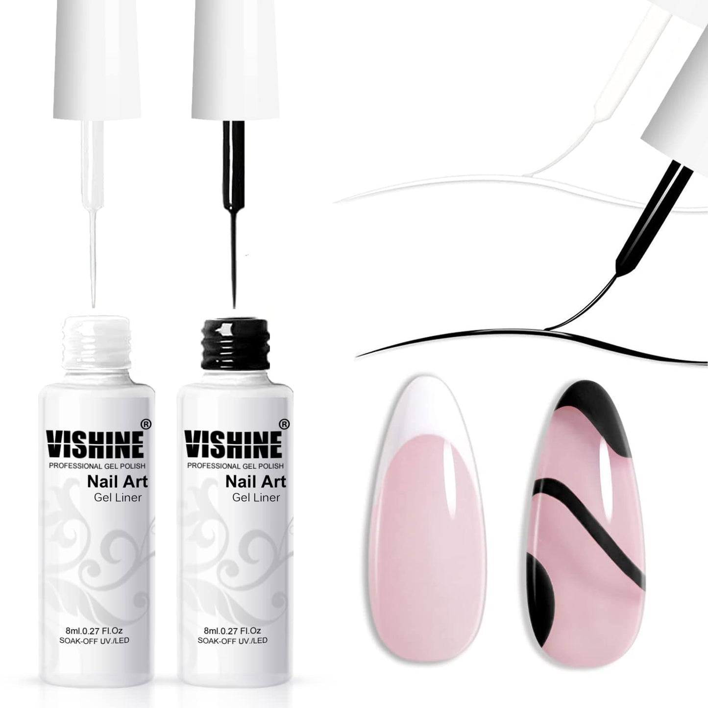 Gēla nagu laka Vishine komplekts, 2 klasiskas baltas un melnas krāsas, gēla mākslas krāsa zirnekļnagiem, Euphoria, plāna nagu mākslas otiņa gēla pildspalvās, noņemams nagu mākslas komplekts