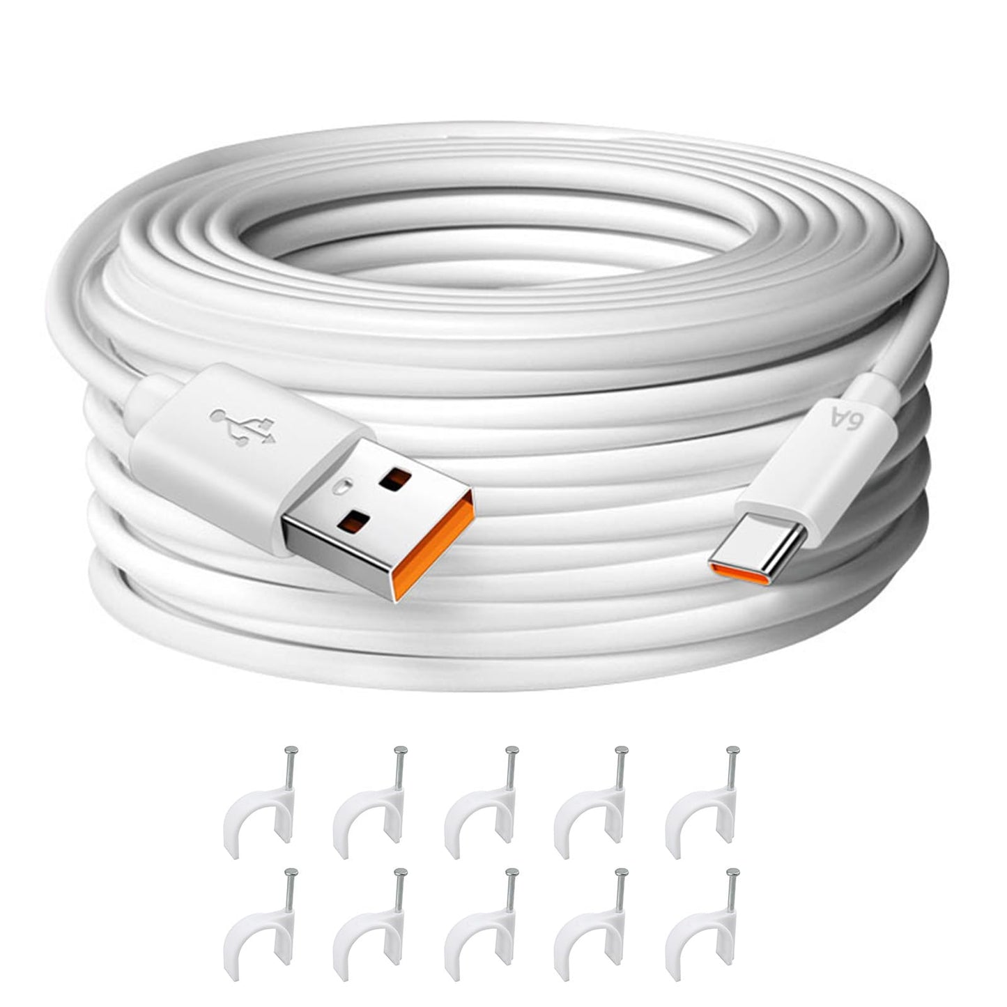 USB C kabelis 10M, 6A, Type A uz C uzlādes kabelis, barošanas kabelis drošības kamerai, barošanas pagarinājums, datu pārraide netiek atbalstīta, ātrās uzlādes USB C kabelis drošības kamerām