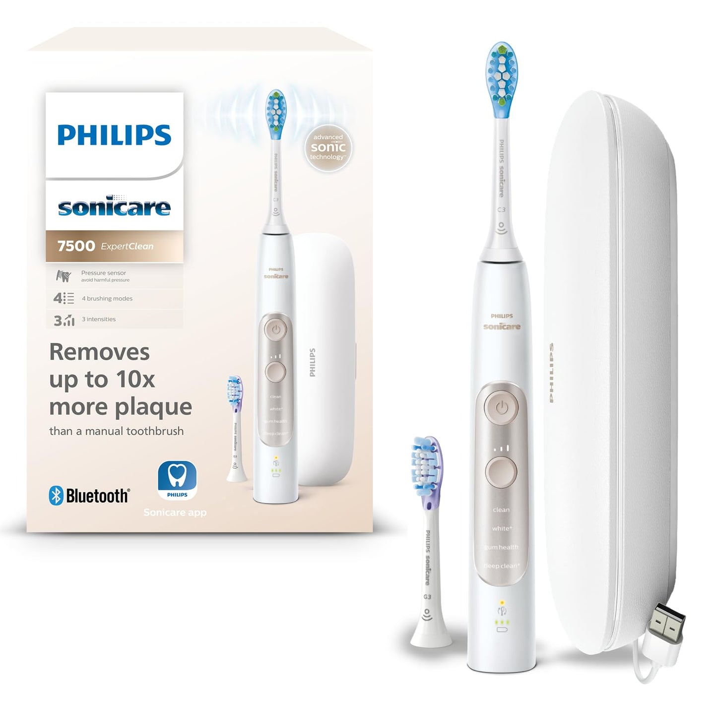Philips Sonicare ExpertClean 7500 elektriskā zobu birste, skaņas zobu birste ar lietotni, 4 tīrīšanas režīmi un 3 intensitātes līmeņi, spiediena sensors, ceļojumu futrālis, balta-zelta, modelis HX9691/02