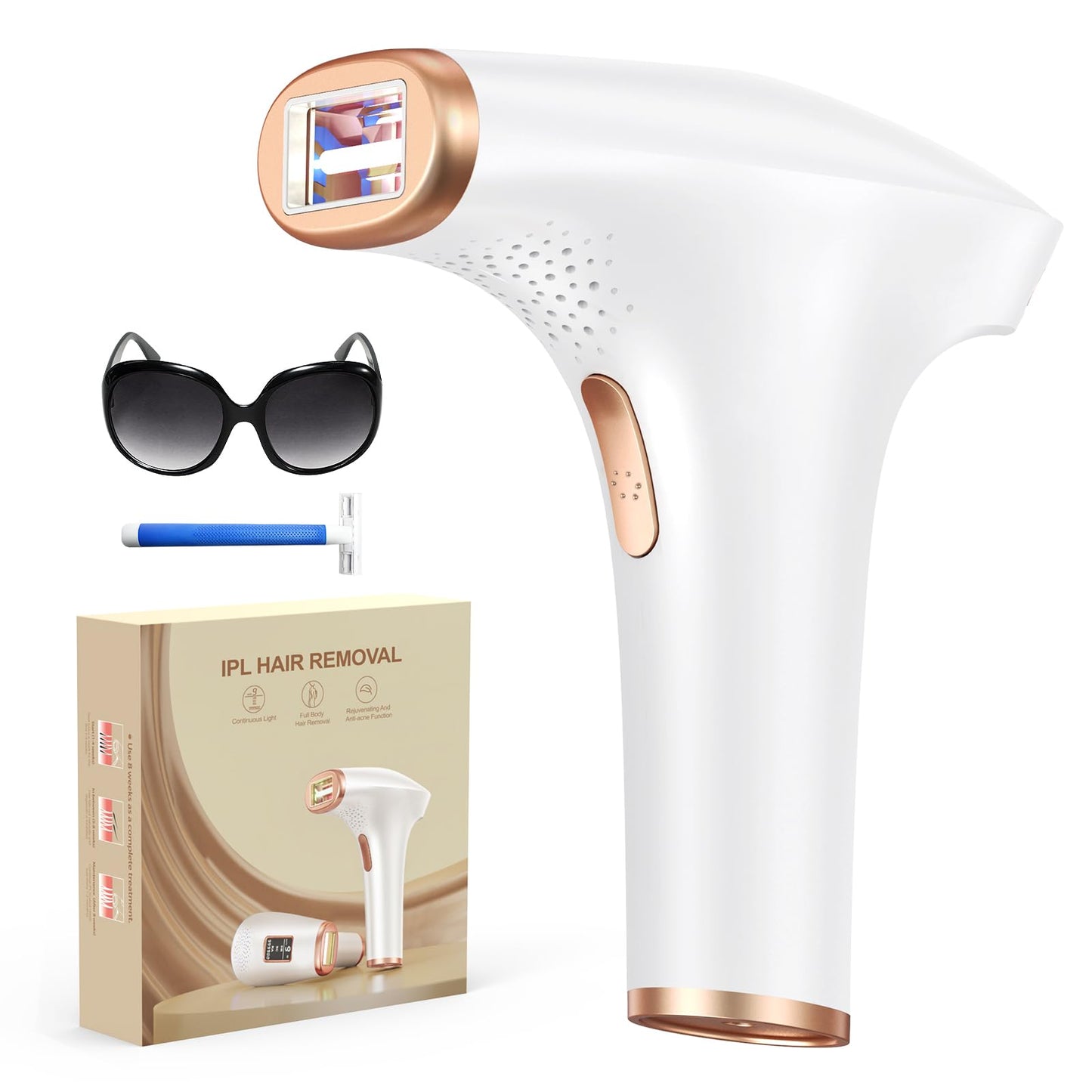 Deep Platinum IPL Hair Removal Laser Device - 3 functions HR/SC/RA, 9 energy levels, 999,900 painless light pulses for men and women.