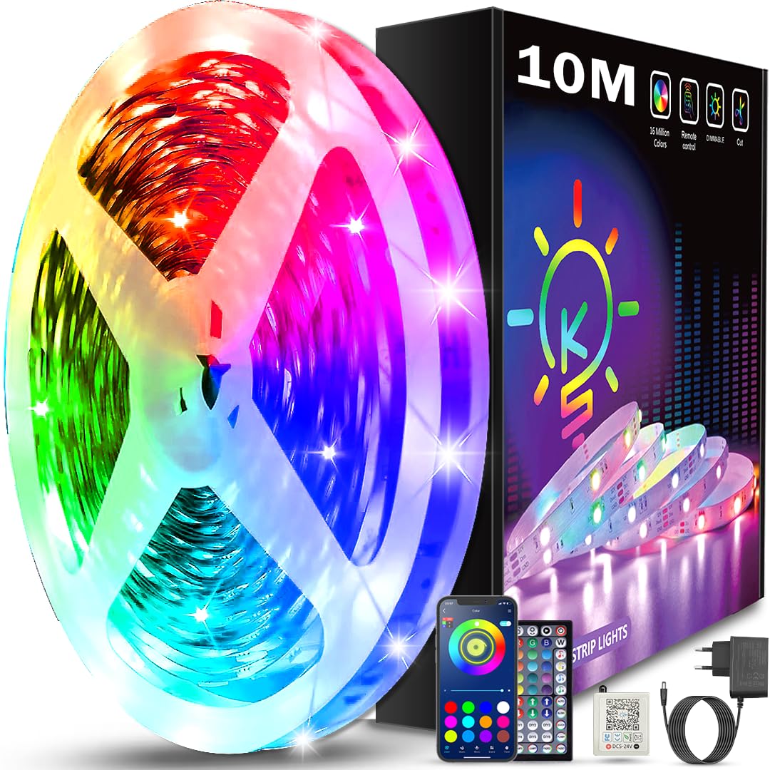 Keepsmile LED lente 10 m RGB ar Bluetooth, lietotne un tālvadības pults, mūzikas sinhronizācija, dimmējama krāsu maiņas gaismas lenta, pašlīmējoša LED apgaismojuma lente istabai, guļamistabai, spēlēm, ballītēm un dekoram