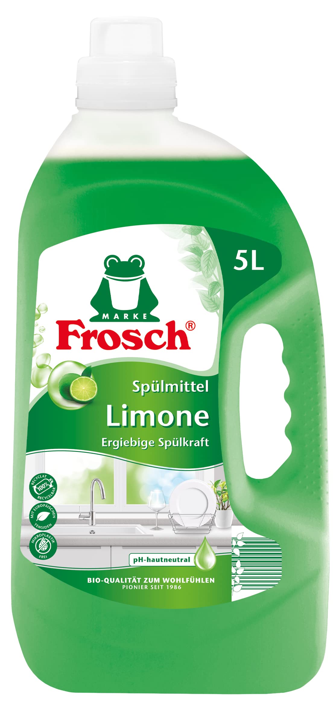 Trauku mazgāšanas līdzeklis Frosch Limonen, roku trauku mazgāšanas līdzeklis ar taukus šķīdinošiem limonēna ekstraktiem, 5000 ml