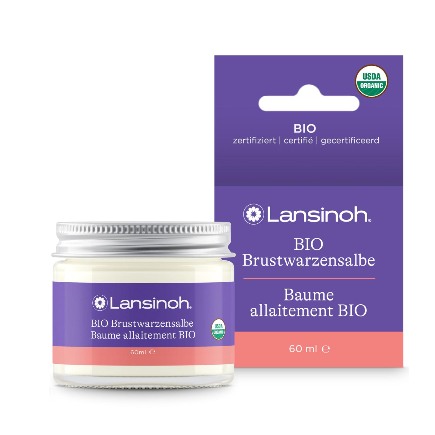 Krūtsgalu ziede zīdīšanai Lansinoh BIO – 100% bioloģiskas sastāvdaļas, droša mammai un mazulim, ar kokosriekstu un argāna eļļu, 60 ml