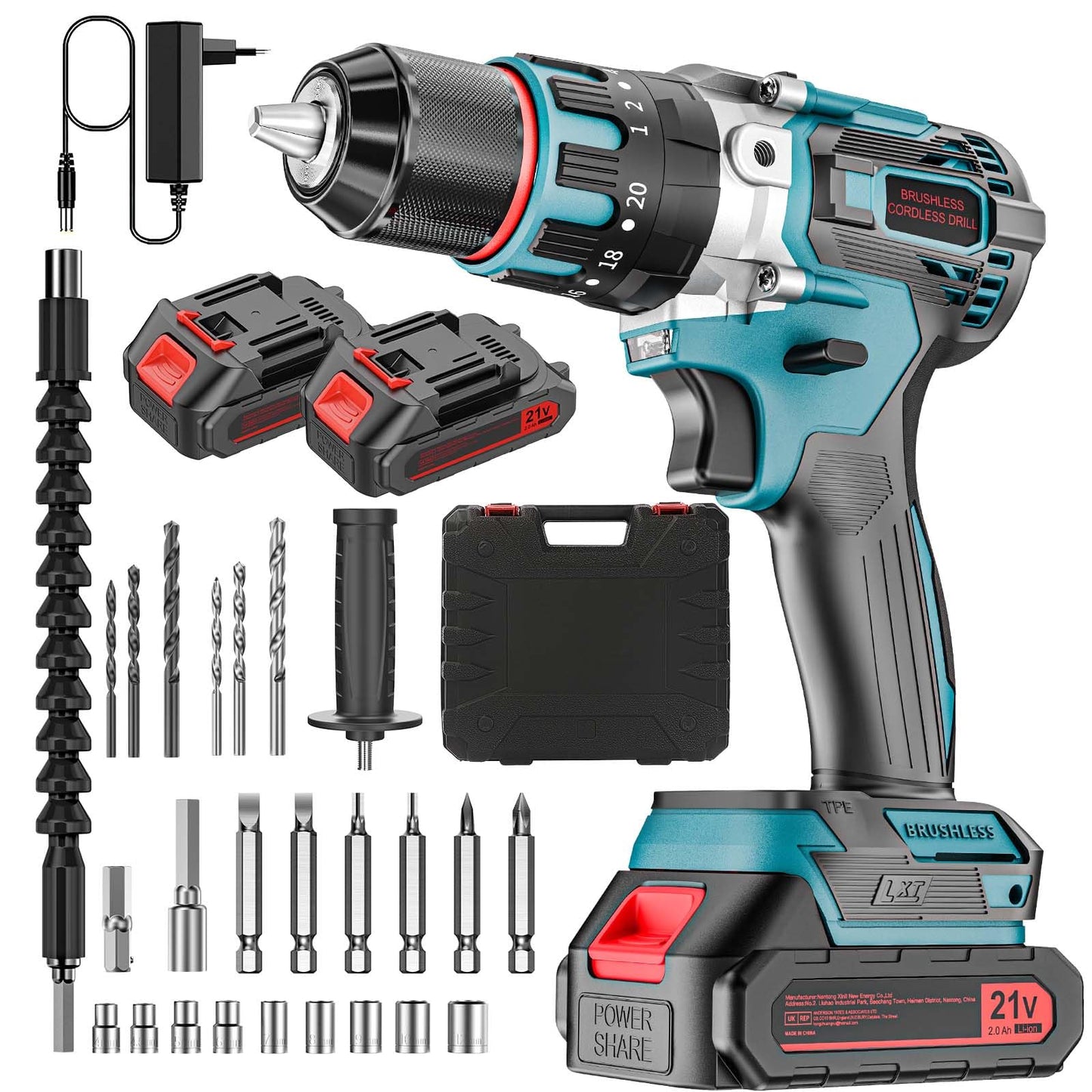 Bezoglīšu akumulatora urbjmašīna 21 V - 55 Nm, 23 + 3 pāri, 24 piederumi, 2 x 2,0 Ah, triecienurbjmašīna, elektriskā skrūvgrieze