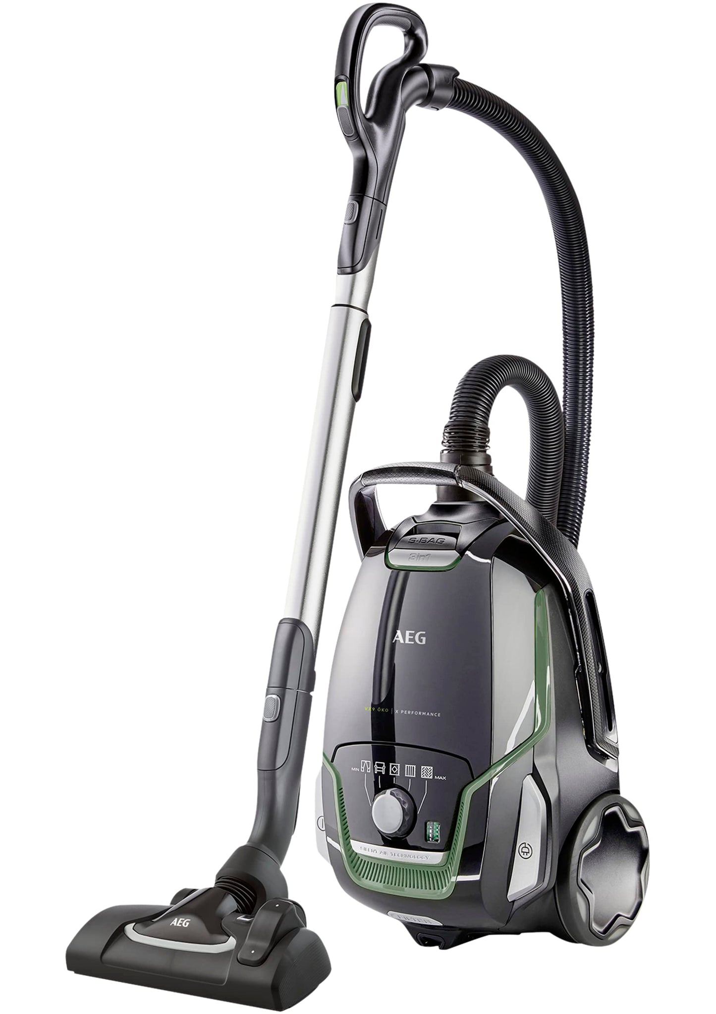 AEG VX9-2-ÖKO putekļsūcējs - 70% pārstrādāts materiāls, 12 m, 850 W, 65 dB, 5 l maisiņš, mazgājams filtrs, melns/zaļš.
