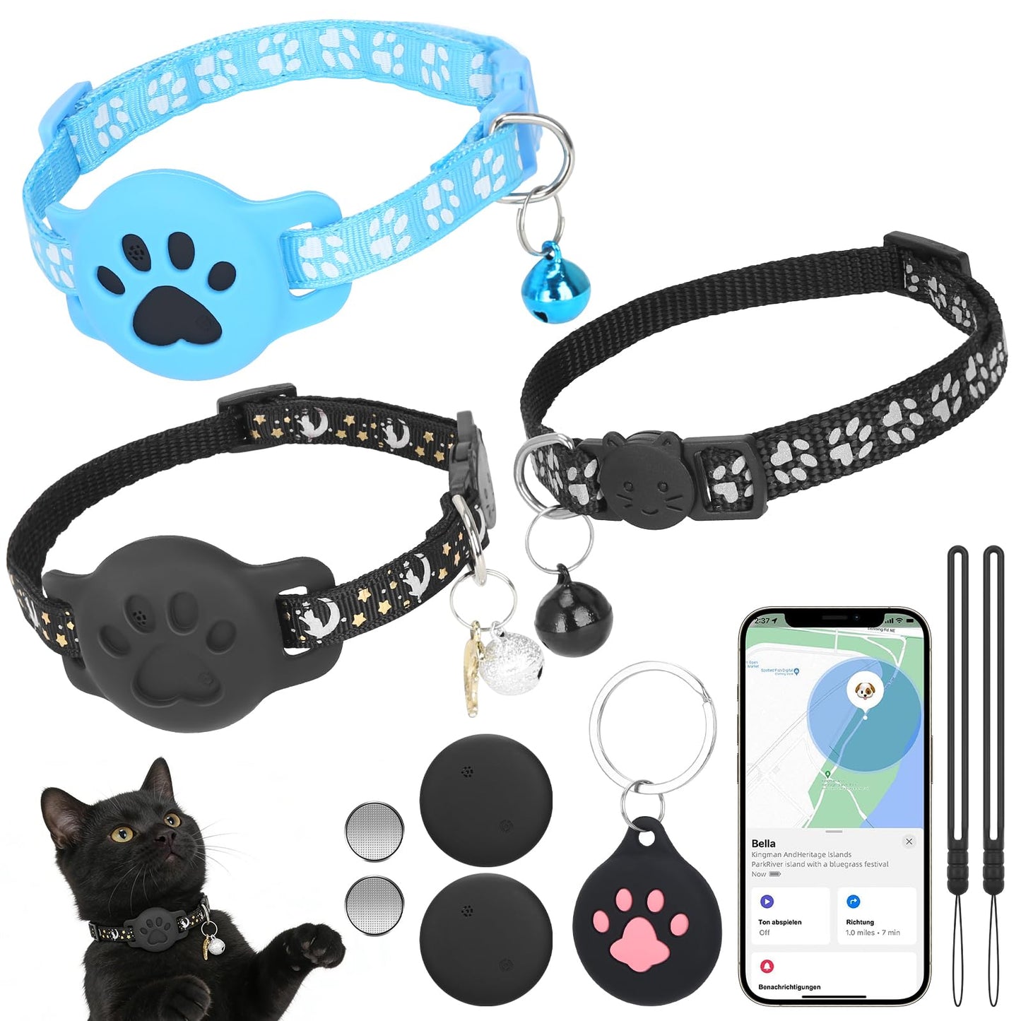 Dzīvnieku GPS izsekotājs Katze, saderīgs ar Apple iOS un Android Google Find My, kakla siksnas izsekotājs bez abonēšanas, Bluetooth mini Pet Tracker automātiskai izsekošanai