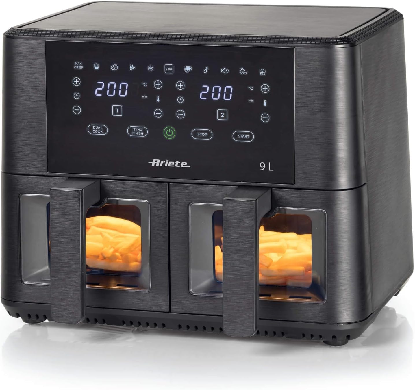 Ariete 4631 dubultā gaisa fritieris - 9L, 2400W, 11 programmas, līdz 3,6 kg, temperatūra līdz 200°C, melns.