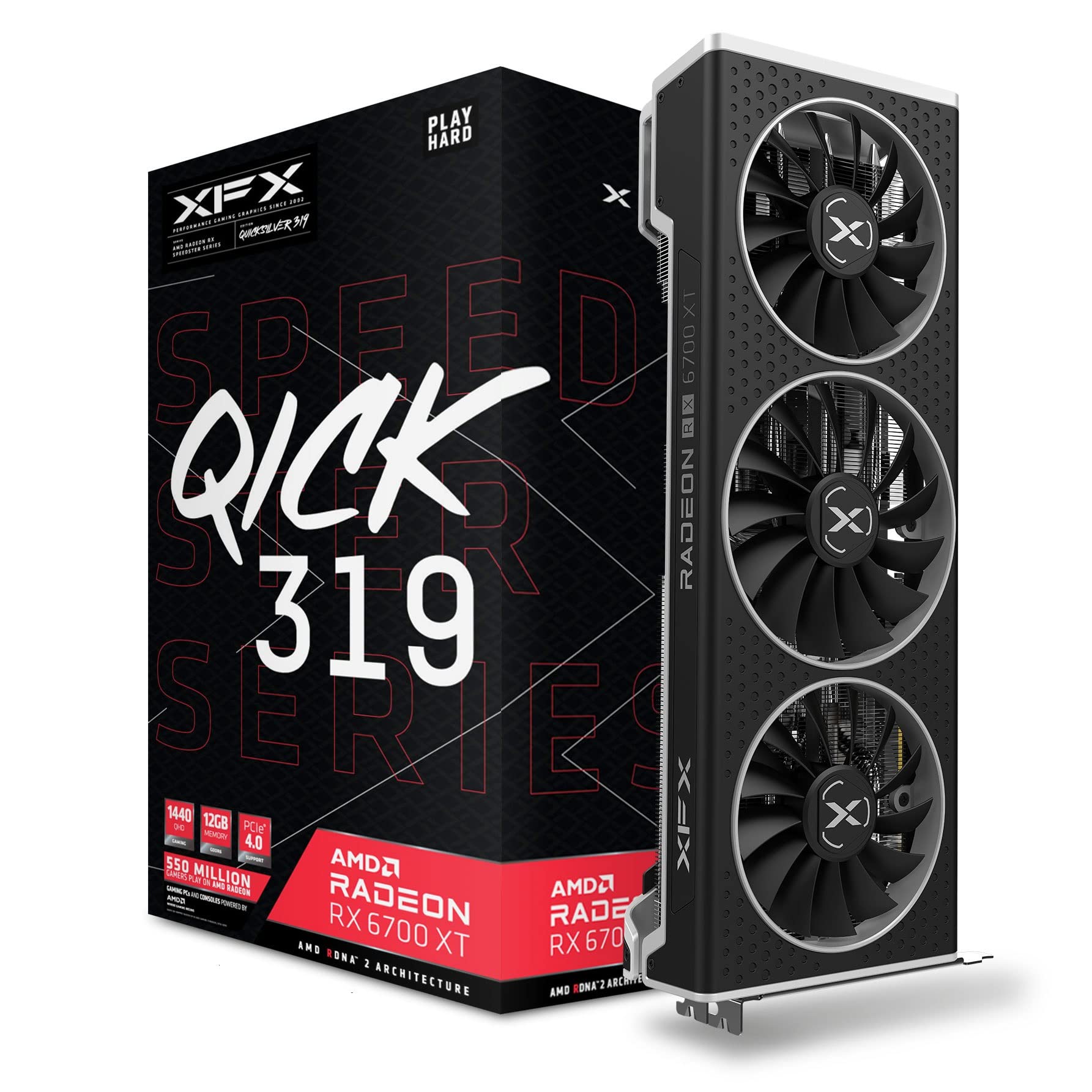 XFX Qick 319 Melns 12GB GDDR6 - HDMI, 3 DisplayPorts, RX-67XTYPBDP, high-performance graphics card for gaming.