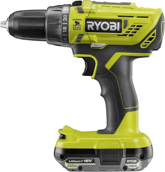 RYOBI 18V ONE+ R18PD32-1C20G - 2-speed, 50Nm torque, 24 torque settings, 13mm metal chuck, includes 2.0Ah battery and charger.