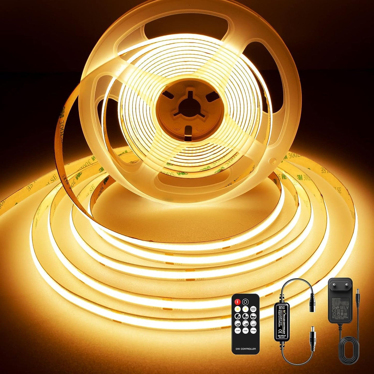 COB LED lente 3m BERIXDEEP, silti balta, ar transformatoru, 24V, 8mm plata, 2700K