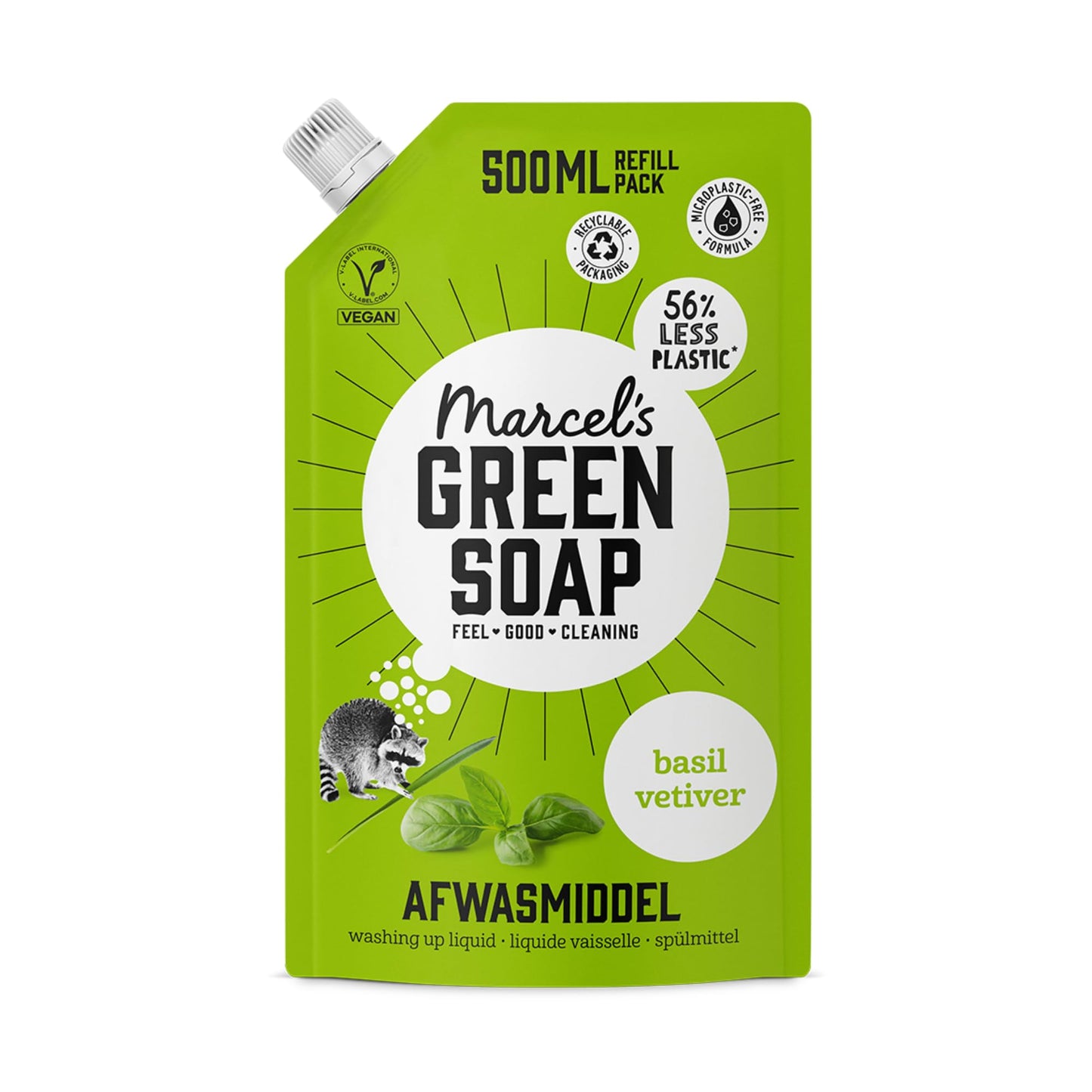 Trauku mazgāšanas līdzeklis Marcel's Green Soap Bazilika & Vetiver - uzpildes maisiņš - mikroplastmasu nesaturoša formula - vegāns - 500 ml