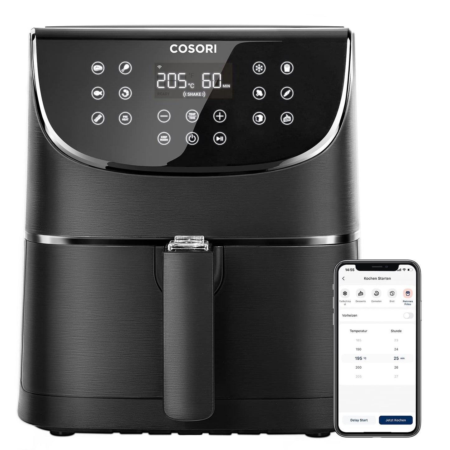 COSORI WiFi karstā gaisa fritēšanas ierīce 5,5L XXL - 13 gatavošanas funkcijas, APP vadība, 1700W, bez eļļas, melna.