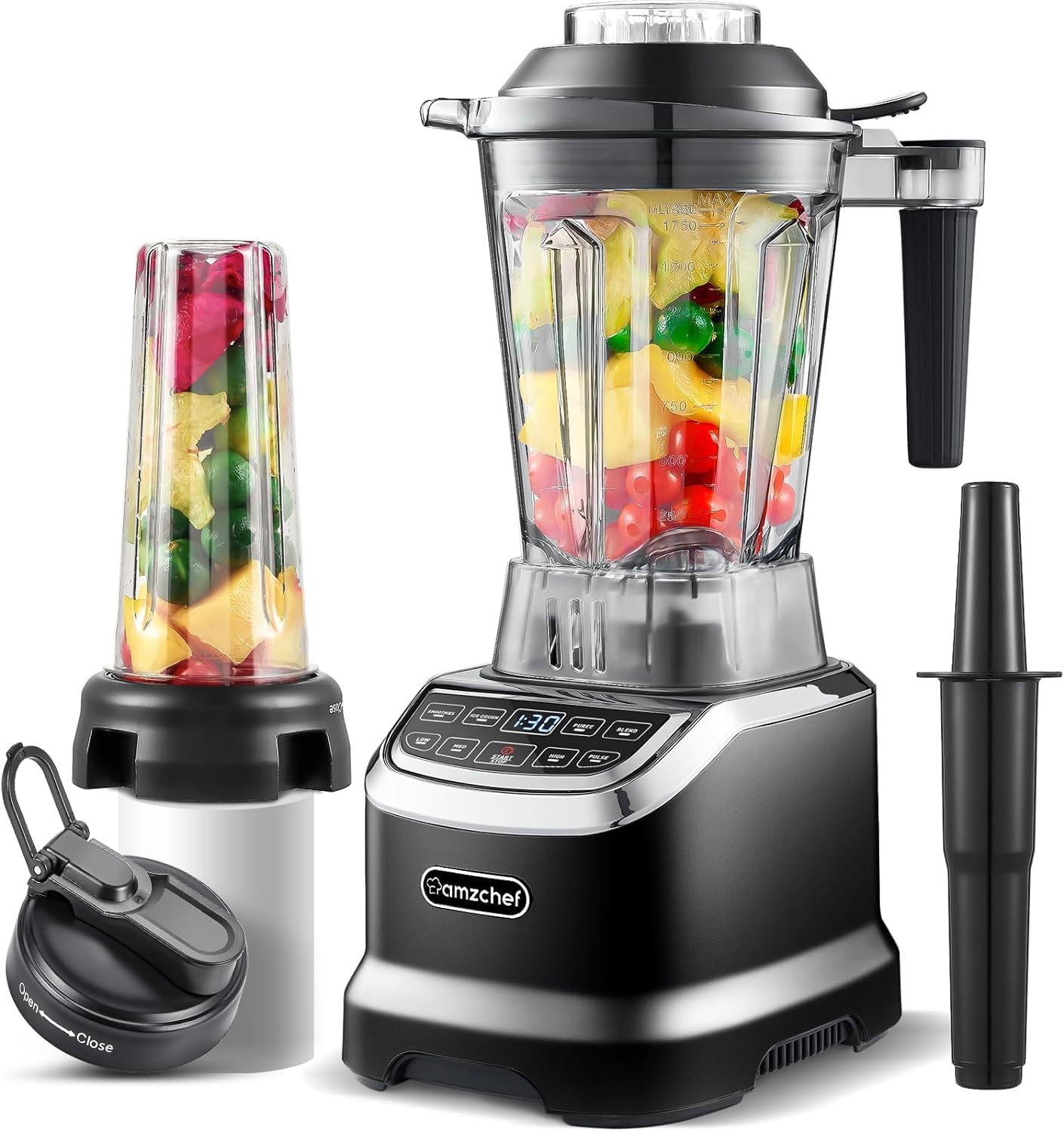 AMZCHEF mikseris smūtiju pagatavošanai - 2000W, LED displejs, 6 3D asmeņi, 1,85L un 600ml pudeles.