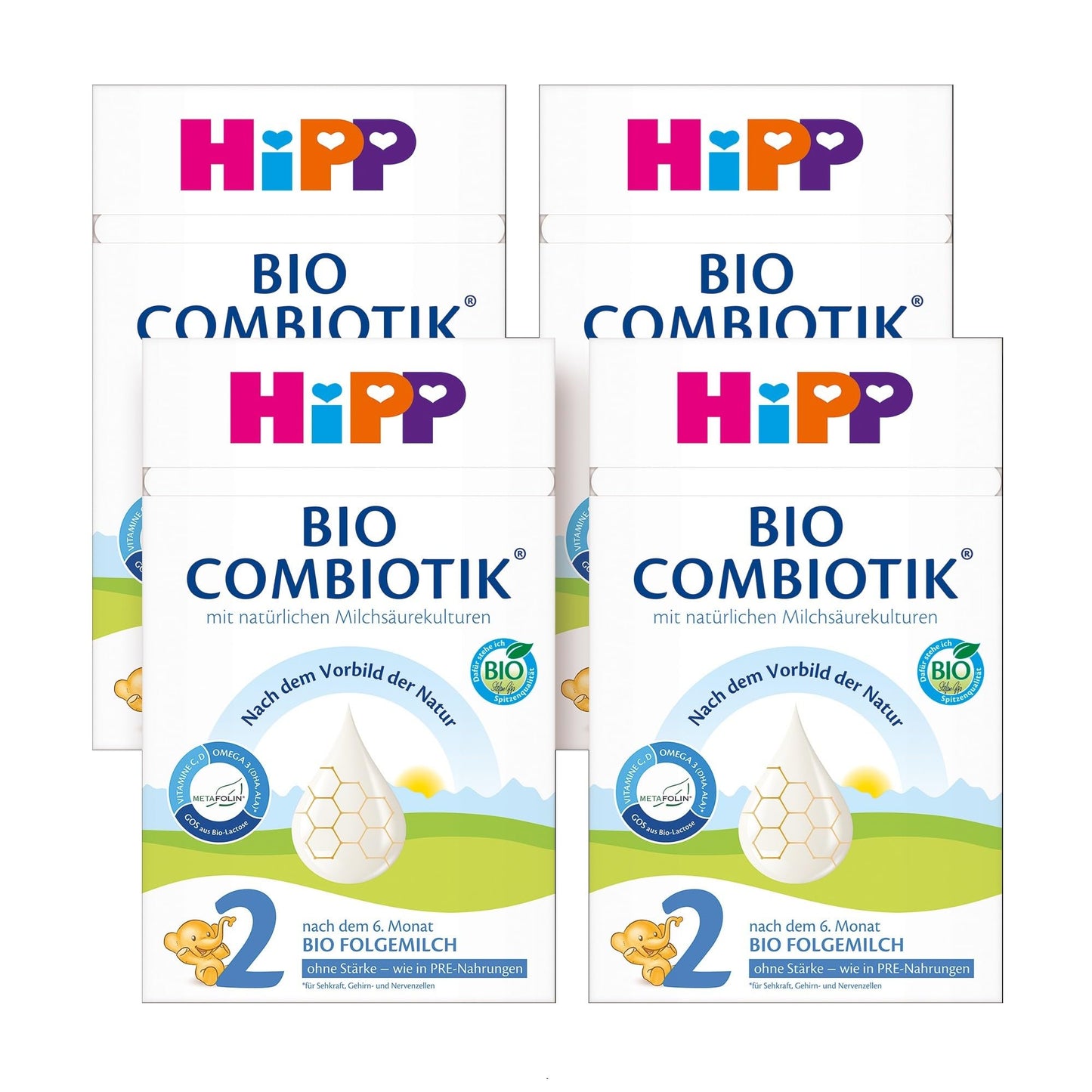 Zīdaiņu maisījums HiPP 2 Bio Combiotik 4 x 600g, pēc 6. mēneša, bez cietes, ar dabīgām pienskābes baktērijām, C un D vitamīnu, GOS, Omega-3 (DHA, ALA)