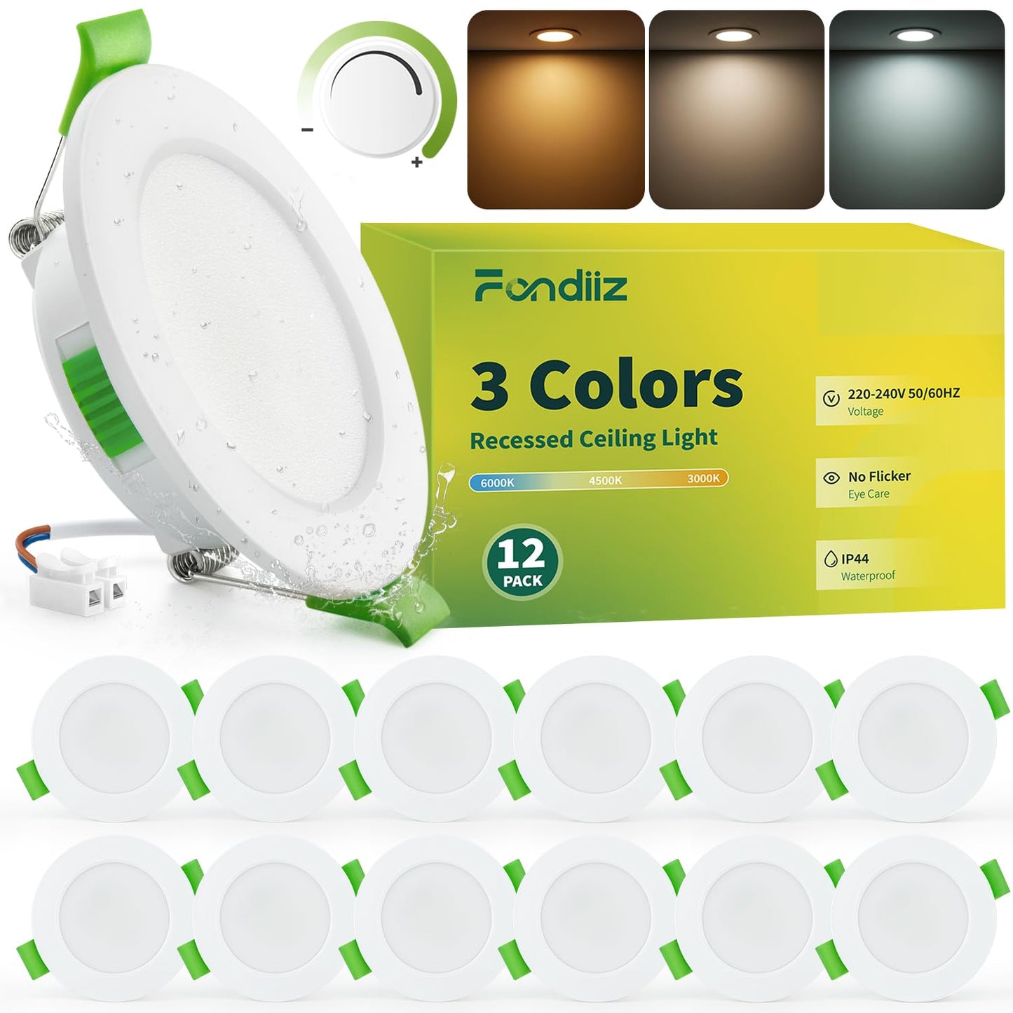 LED iebūvējamie prožektori Fondiiz 12 gab. komplekts 230V, dimmējami, 55mm - 68mm montāžas caurums, 3.5W 3CCT