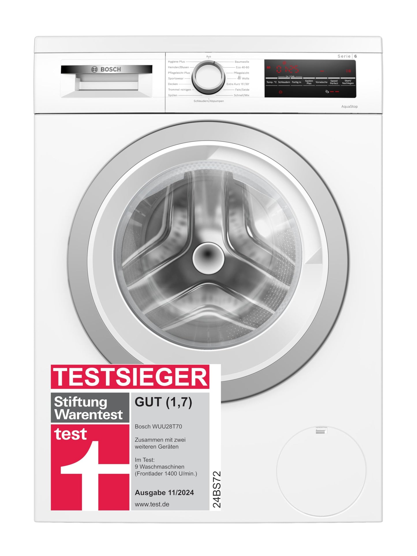 Bosch WUU28T70, Serie 6 veļas mašīna 8 kg, 1400 apgr./min, zembūvējamā, ātrāka mazgāšana ar SpeedPerfect, papildināšanas funkcija, Hygiene Plus, VarioTrommel, klusa ar EcoSilence Drive, LED displejs, balta