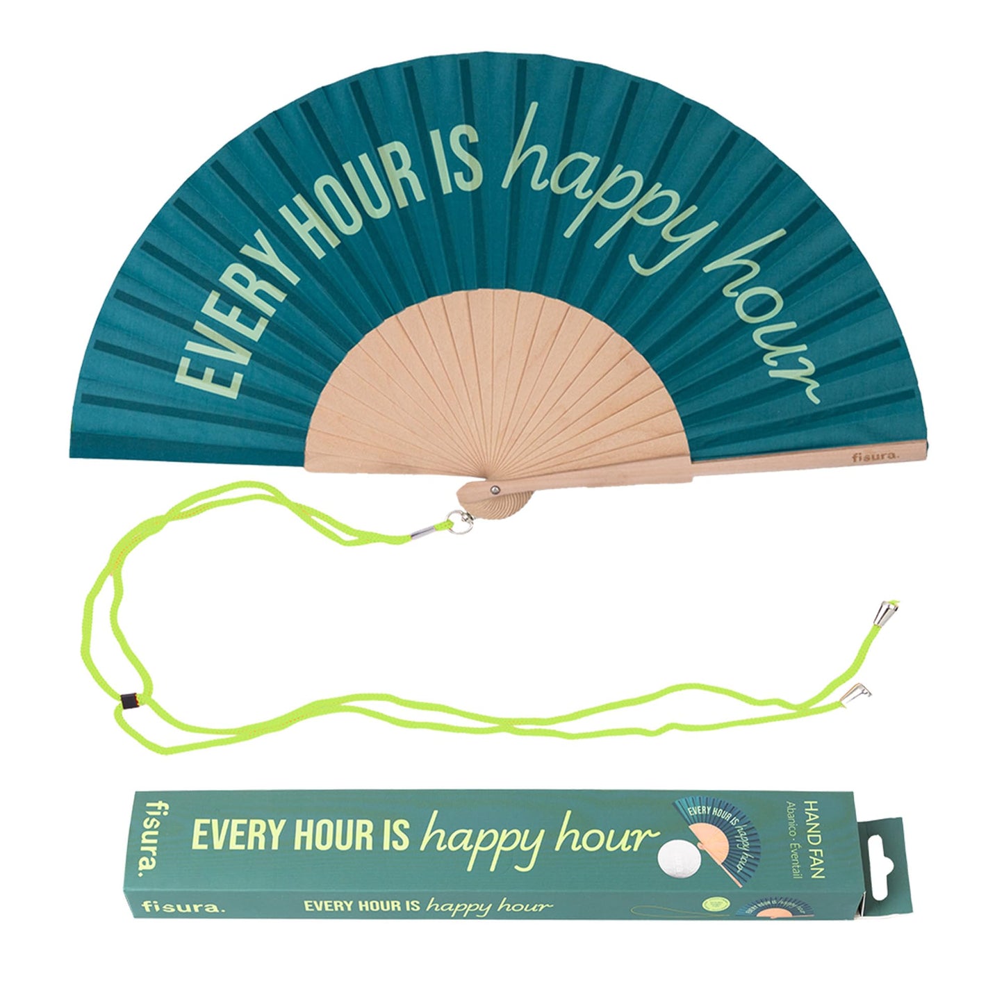 FISURA koka rokas vēdeklis ar uzrakstu Happy Hour, zaļš, ar pakaramo, 42,5 x 23 cm