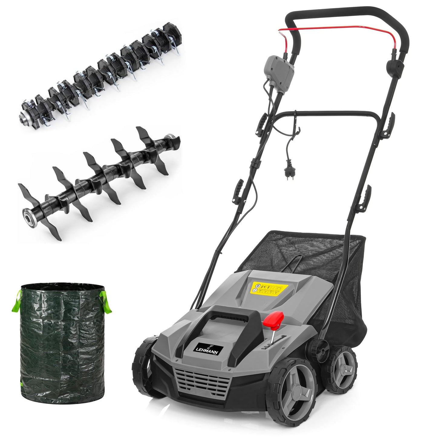 Elektriskais skarifikators un aerators LEHMANN 2-in-1, 1800 W, darba platums 38 cm, 5 pakāpju darba dziļuma regulēšana, zāliena skarifikators ar 48 L savākšanas kasti, lodīšu gultņos balstīts nažu un aeratora veltnis, pelēks